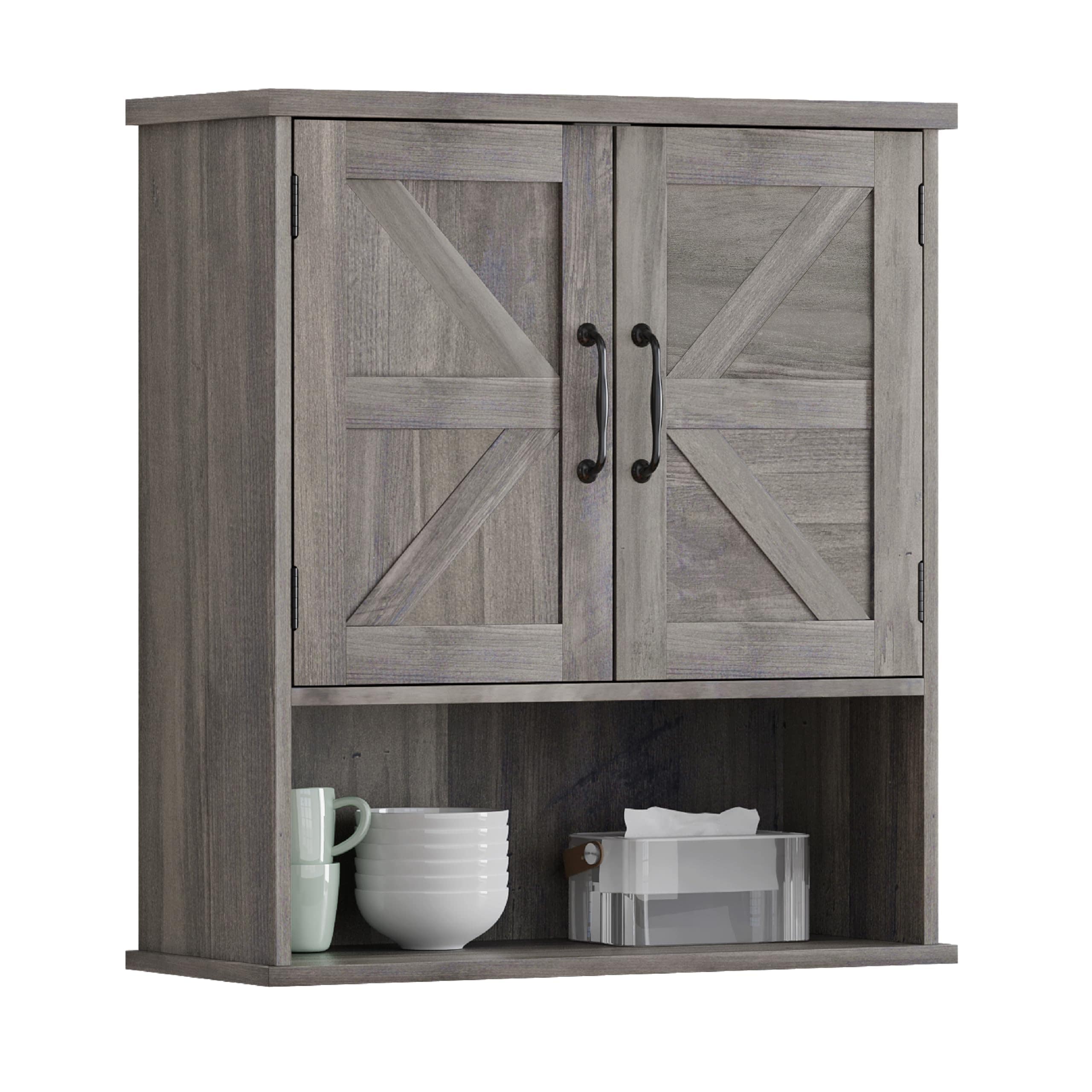 Lovav Farmhouse Bathroom Cabinet Wall Mounted Washed Grey Small Adjustable Shelves Living Room Laundry