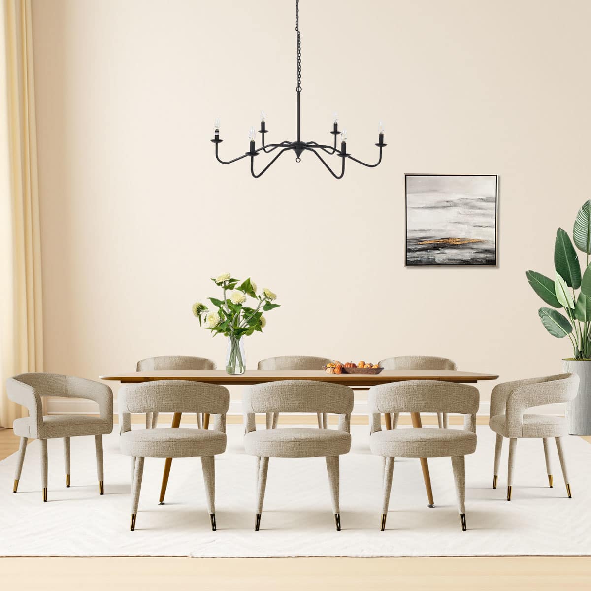 Maison Boucle ANNA-CHAIR-KHAKI-8 Set of 8 Modern Khaki Upholstered Dining Chairs with Curved Back and Sleek Gold Metal Legs