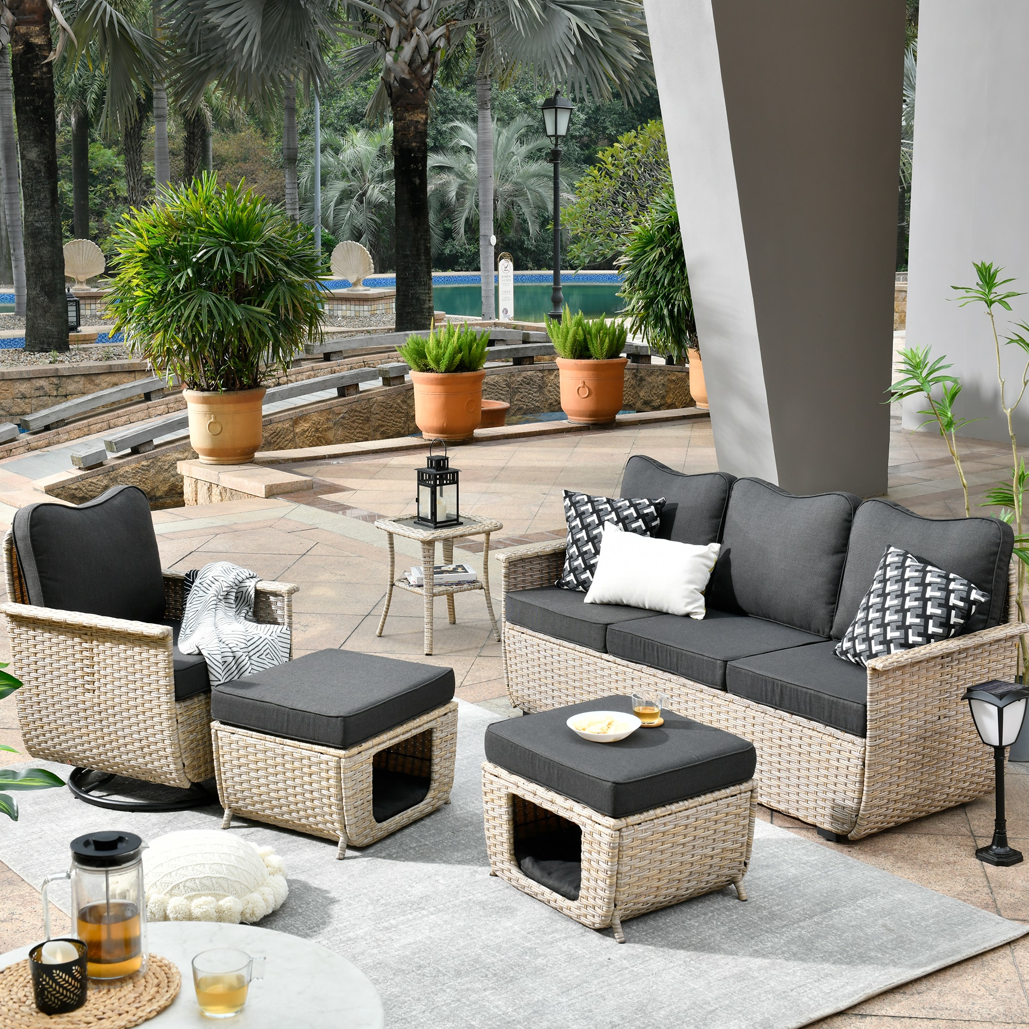 XIZZI XIMW102-5RC Artemis 5 -Piece Wicker Patio Sofa Conversation Set with Black Cushions