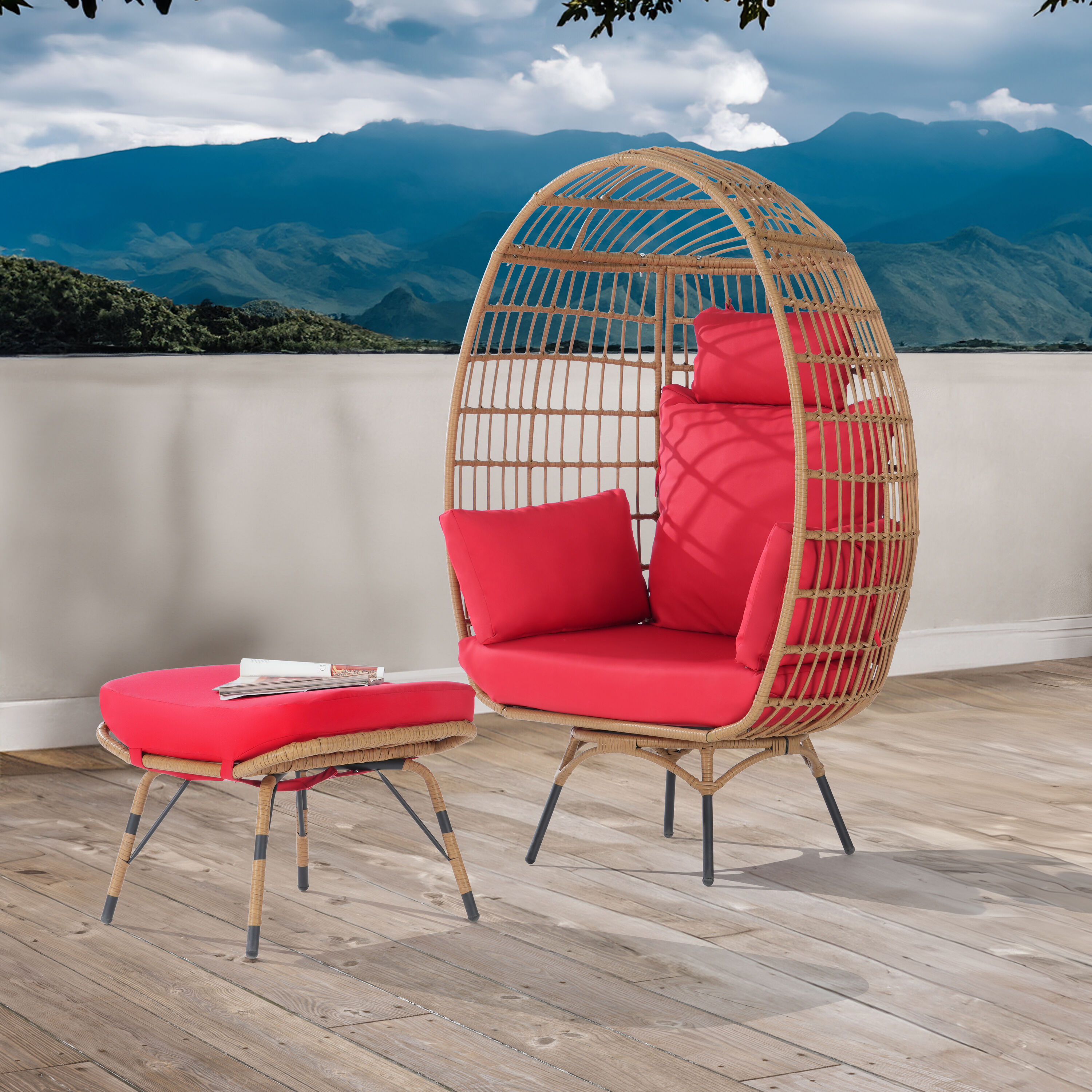 SANSTAR L-RJDC67RD-AD 2 -Piece Wicker Patio Conversation Set with Red Cushions