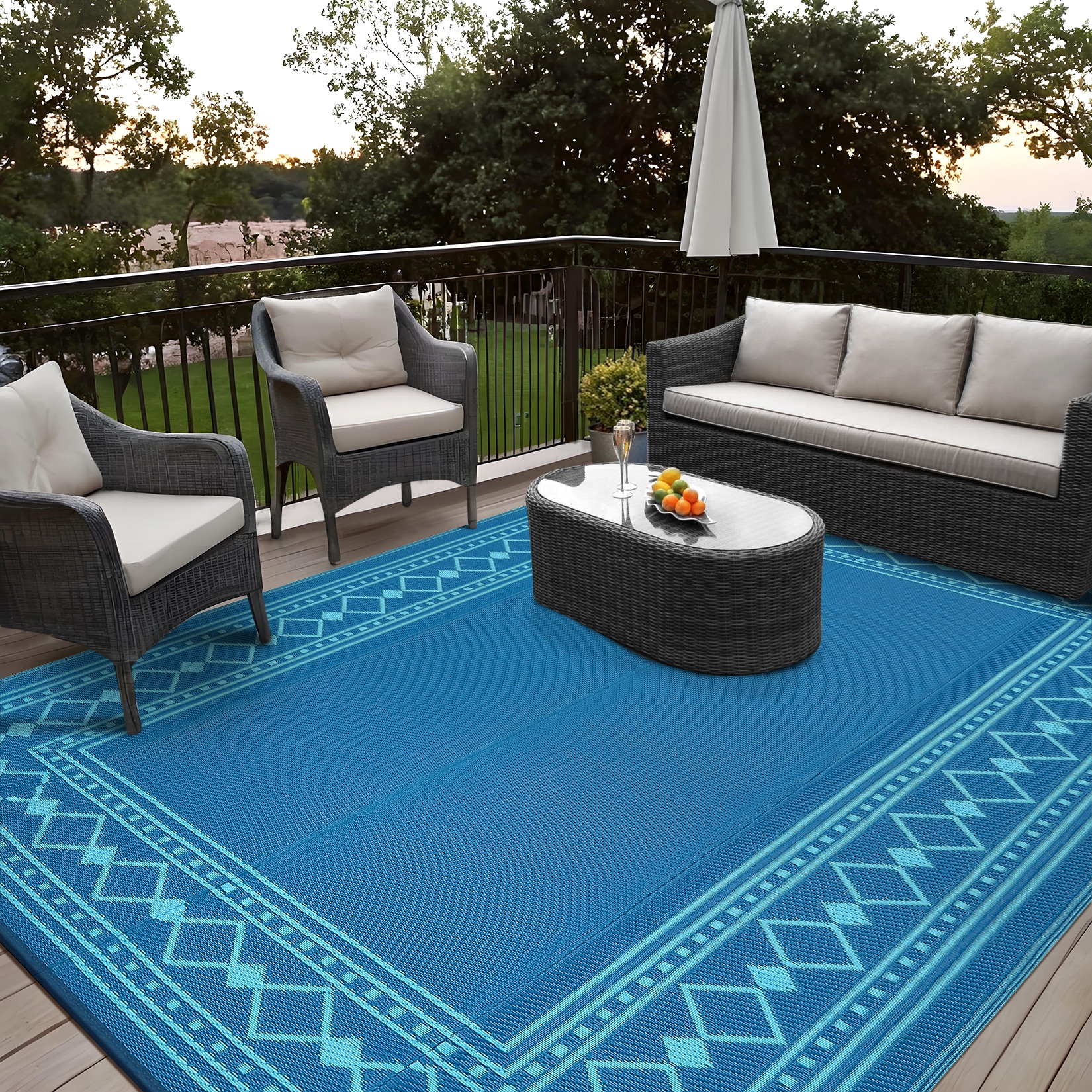 DEXSO 9x18 ft Reversible Waterproof Modern Edge Outdoor Rug Blue Green ...