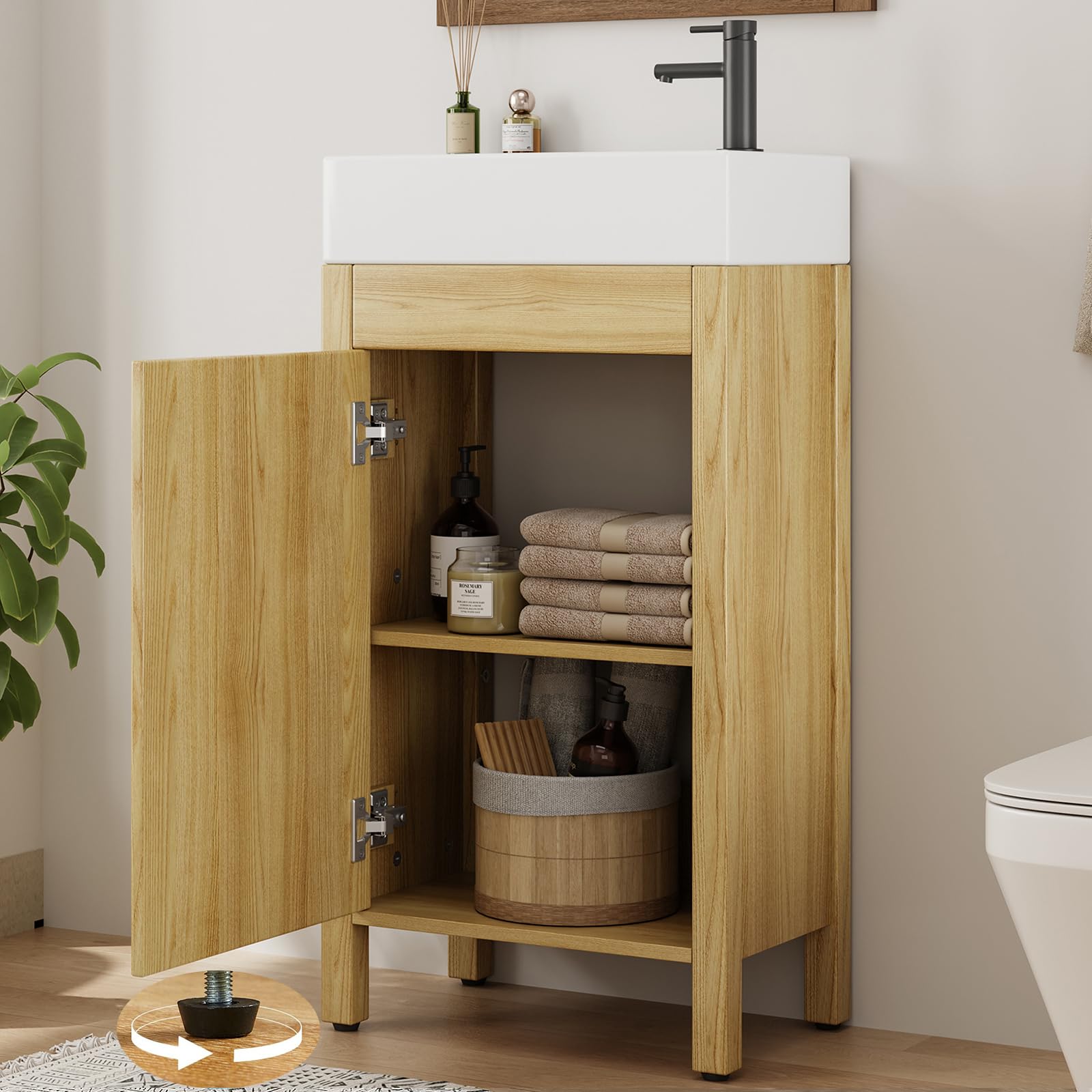 DEXSO 16 Inch Freestanding Bathroom Vanity with Sink Soft Closing Door Adjustable Shelf Wood Finish Farmhouse Cabinet