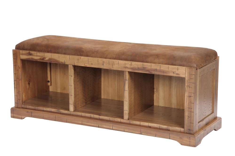 Distressed Toffee Brown Acacia Hall Bench with Storage and Microfiber Seat