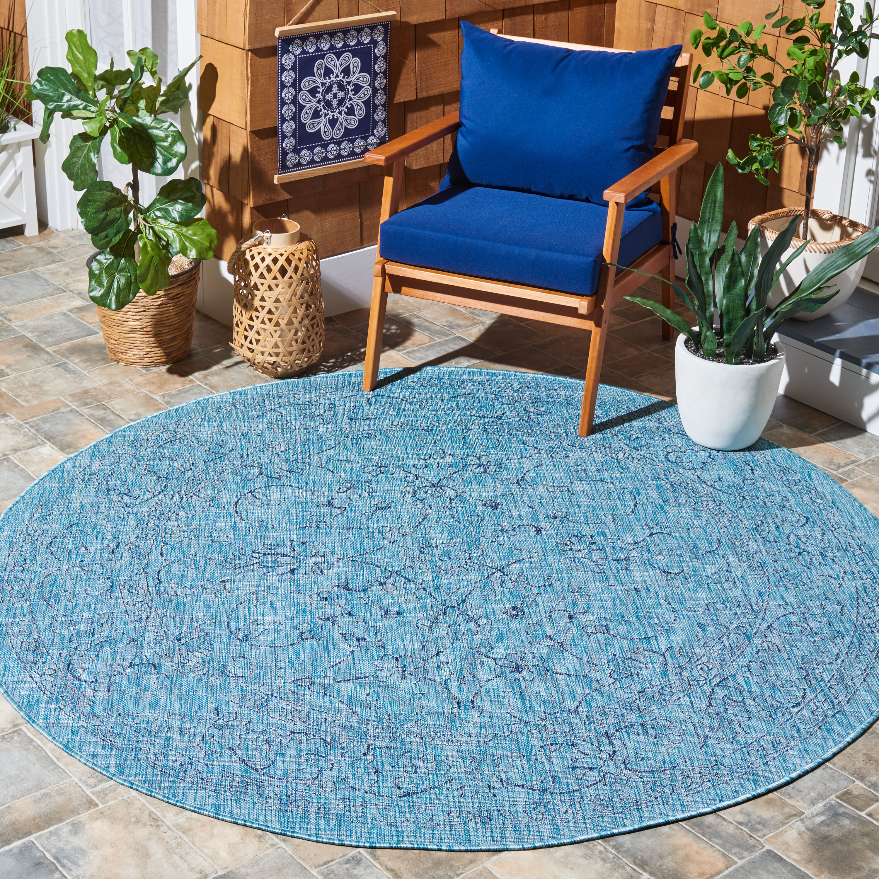 Safavieh CY8680-39412-7R Courtyard 7 x 7 (ft) Loomed Synthetic Aqua/Navy Round Indoor/Outdoor Floral Tropical Area rug