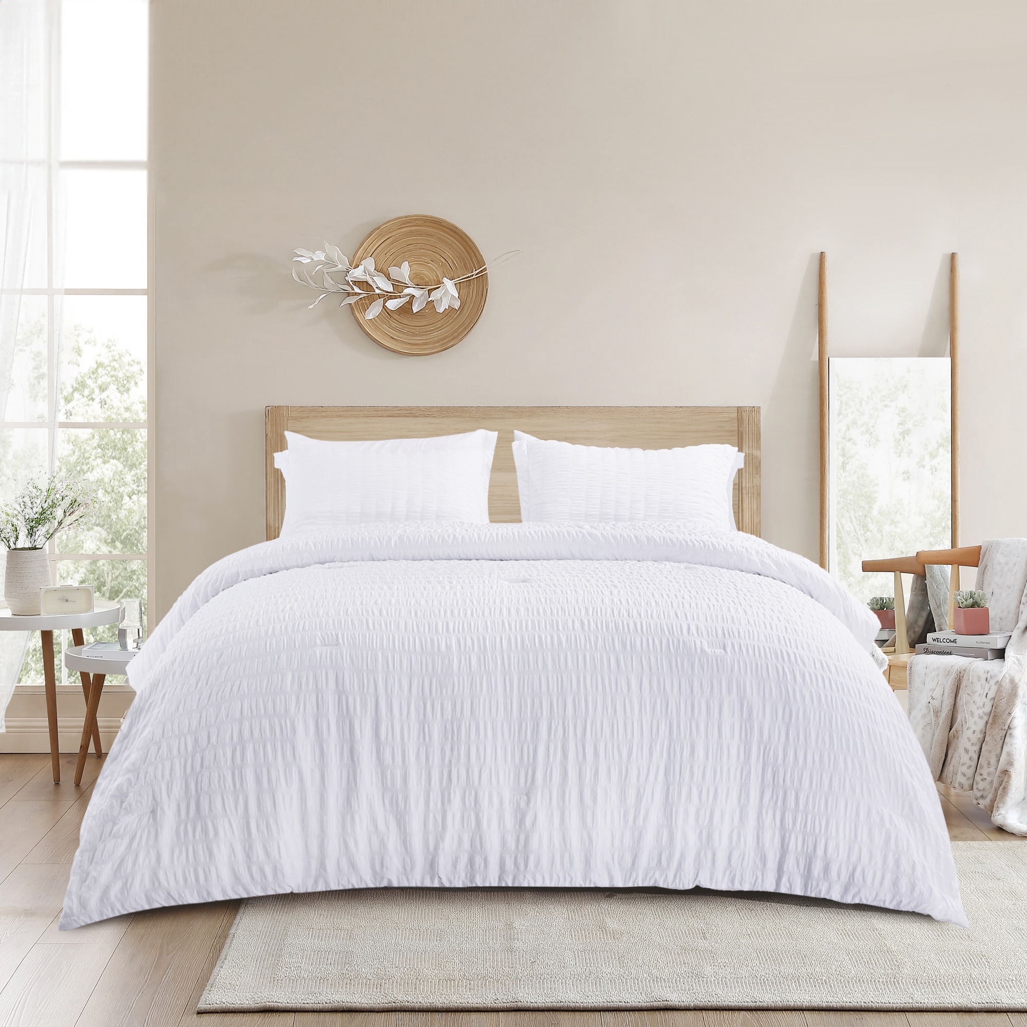 JEAREY JE-FLYRPT-GY-K Seersucker 7 -Piece White King Comforter Set
