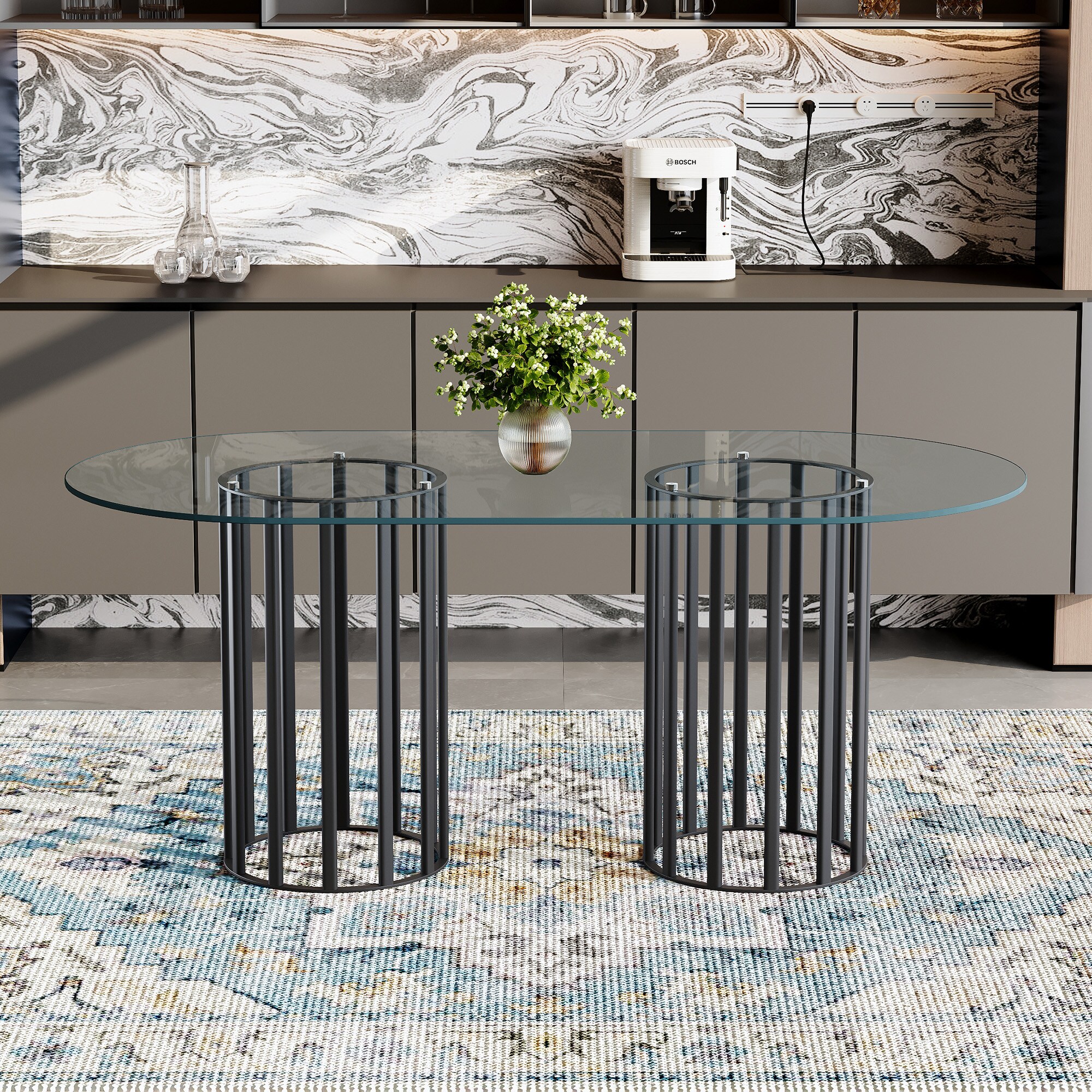 LUXEYARD 71 inch oval tempered glass dining tableblack double column ...