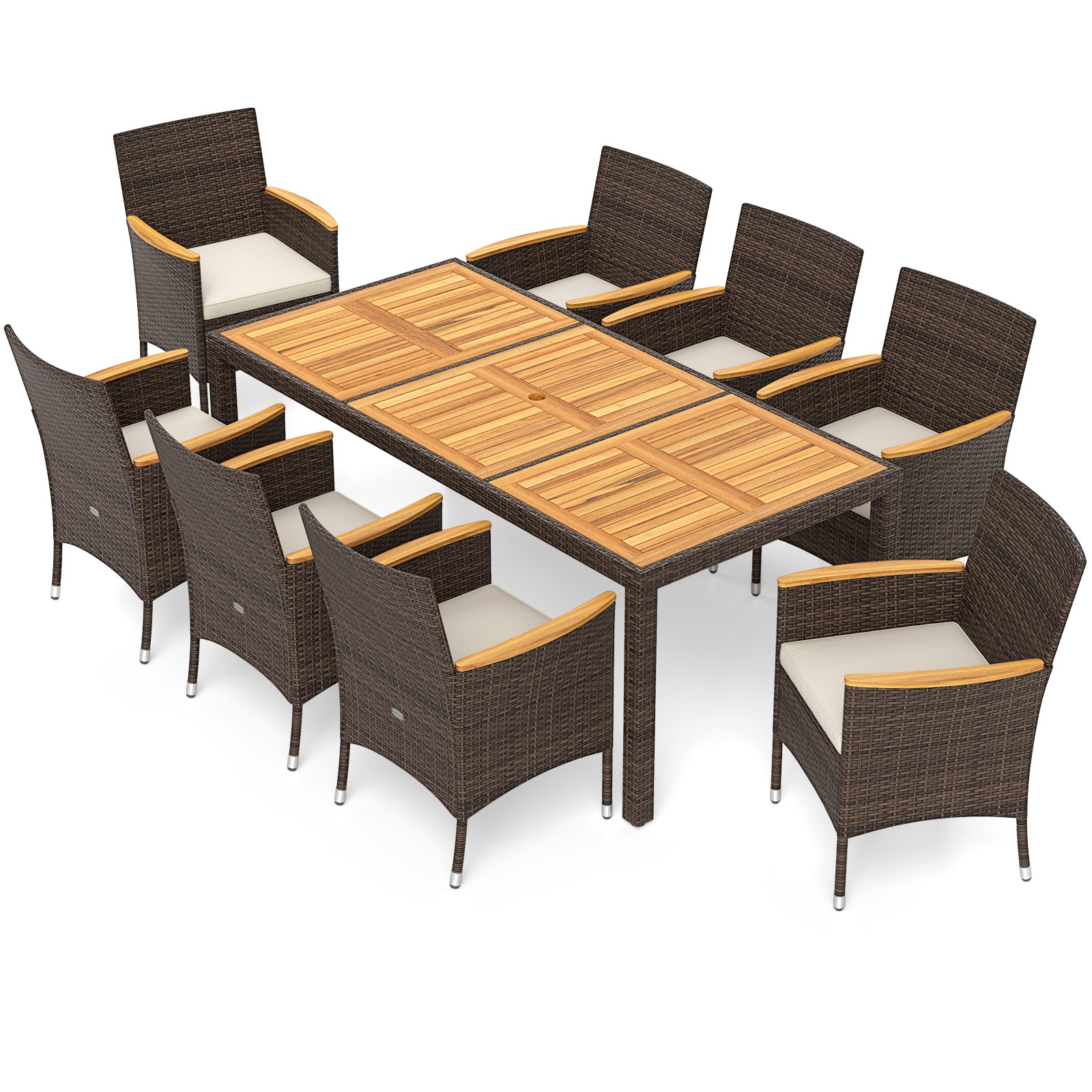  CWG73184WH-X Outdoor Dining Set 9 -Piece Mix Brown Rattan Patio Dining Set Wood Rectangle Table with 8 Beige Cushions Stationary Chairs