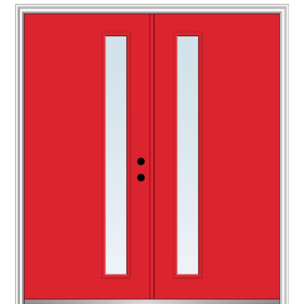 MMI DOOR ZZ345769L Spotlights 72-in x 80-in x 4-9/16-in Fiberglass Pulse lite Left-hand inswing Red Saffron Painted Prehung Double Front Door with Brickmould Insulating core