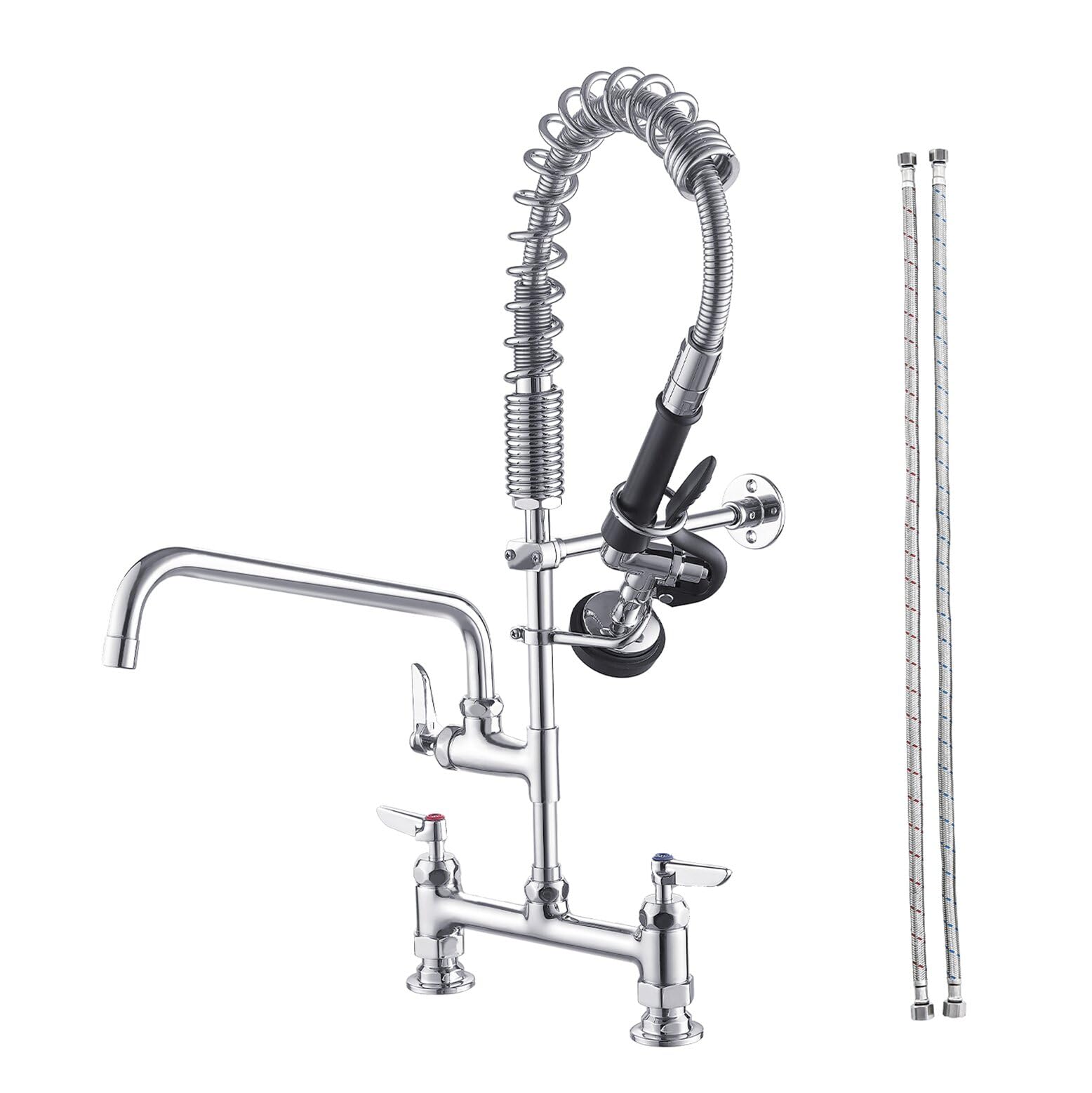 LILILIAN FMY  Commercial Kitchen Faucet Deck Mount Sink Faucet with Pre Rinse Pull Down Sprayer 26 Inch Height 8 Inch Center 3 Compartment Sink