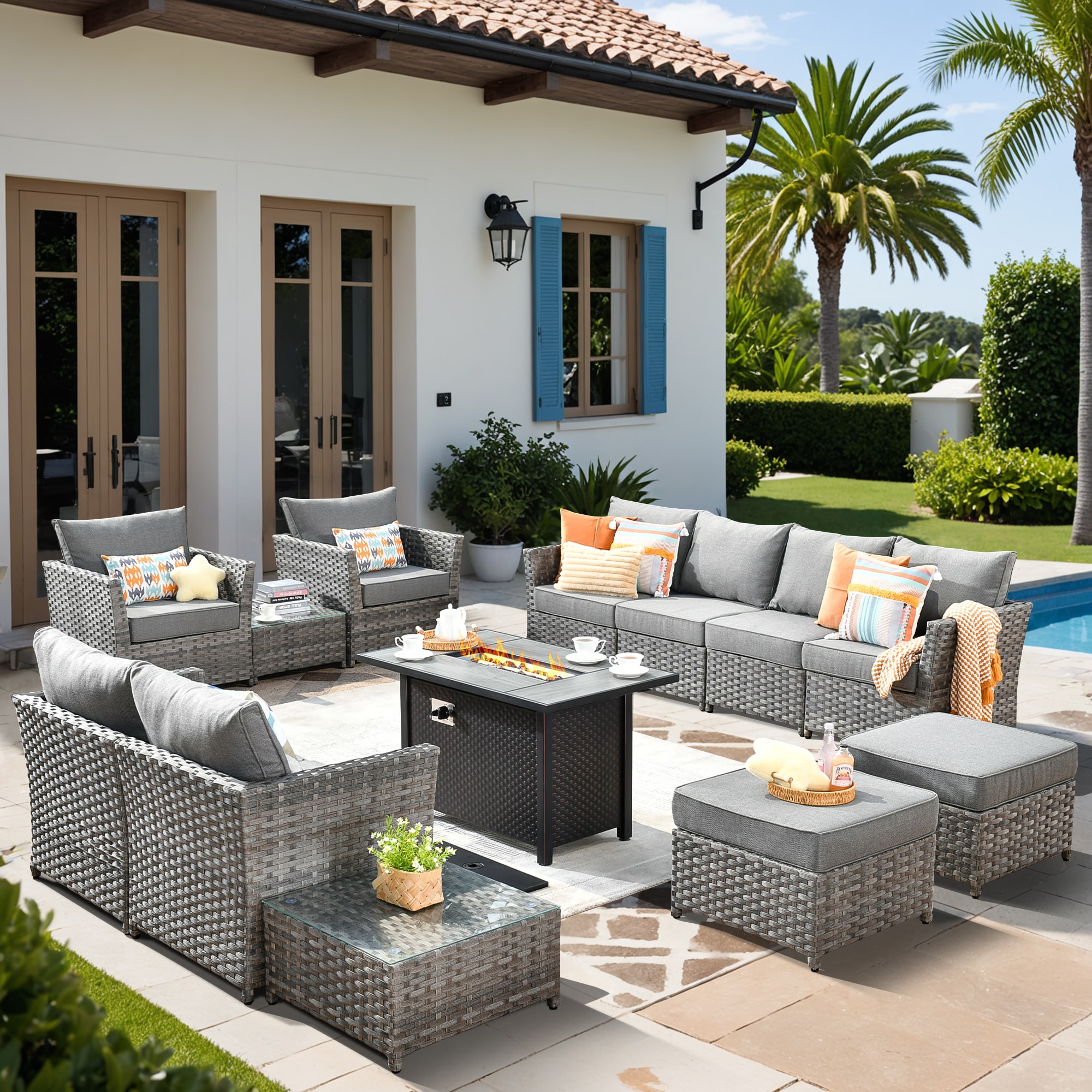 Pouuin SCFPBRS2012 Wicker Outdoor Sectional with Dark gray Cushions and Wicker Frame