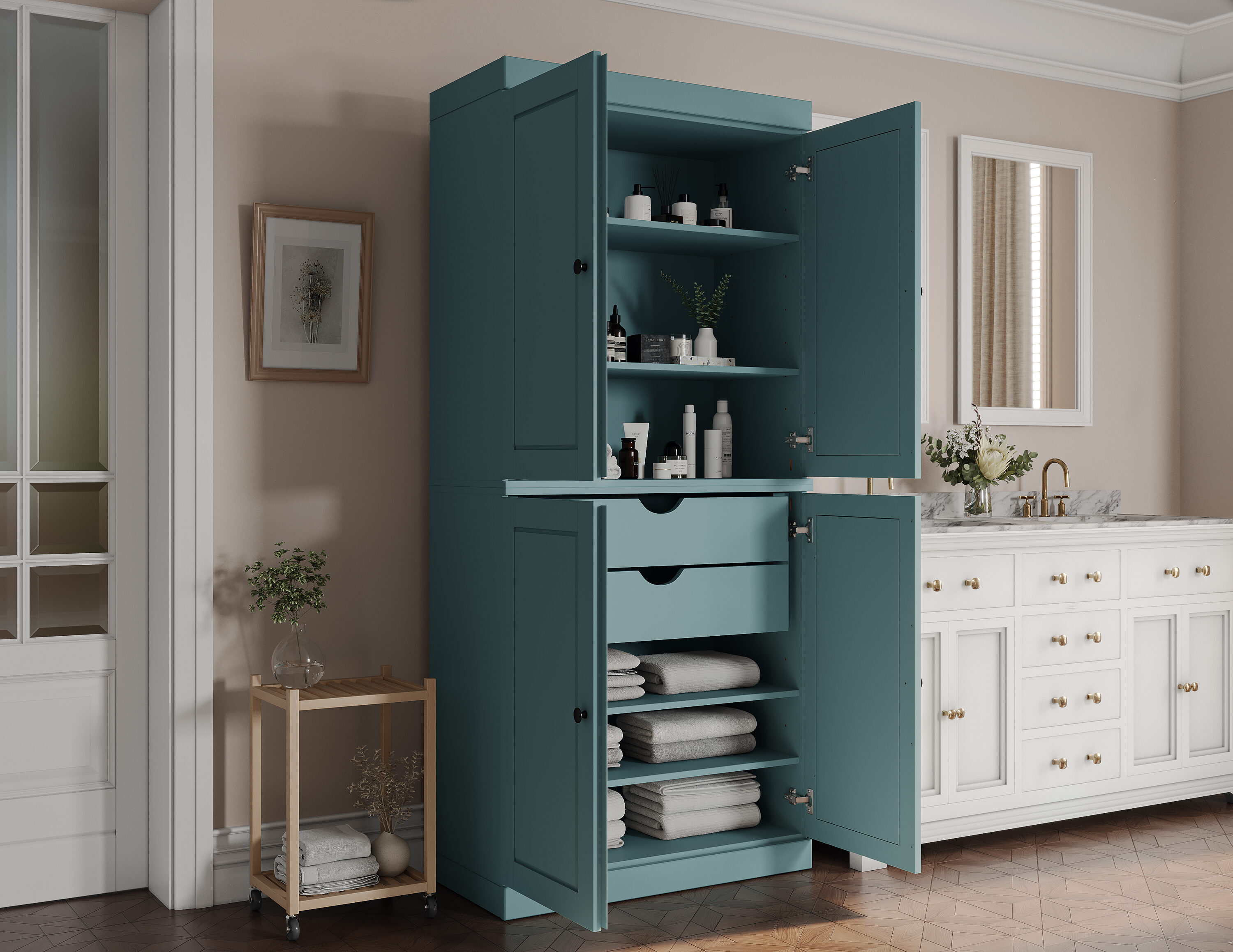 Palace Imports 32-in W Solid Wood Tall Modular Raised Panel Bathroom Linen Laundry Room Storage Cabinet with 2 Drawers