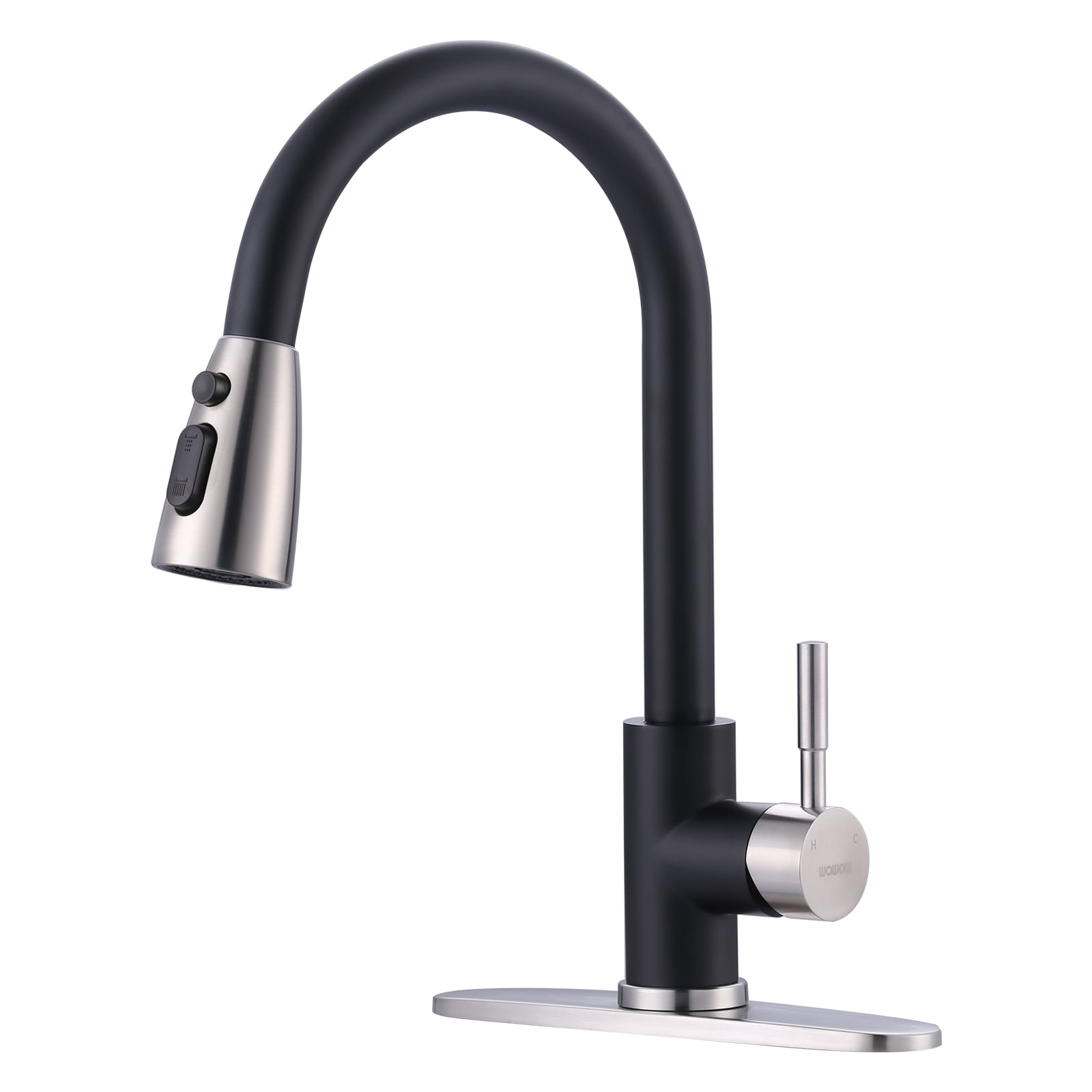 WOWOW 2310301NB-LW pull down kitchen faucet Black Brushed Nickel Single Handle Deck-mount Pull-down Kitchen Faucet with Sprayer ( Deck Plate Included )