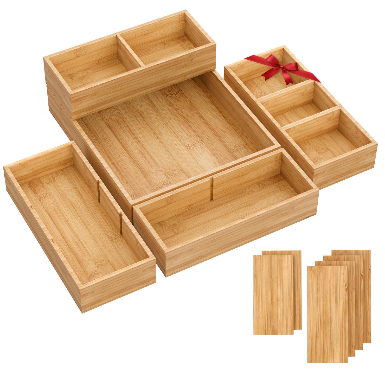 Phewnyzo  Bamboo Drawer Organizer 5 Piece Set with Removable Dividers Stackable Storage Trays for Kitchen Office Makeup Supplies and Accessories