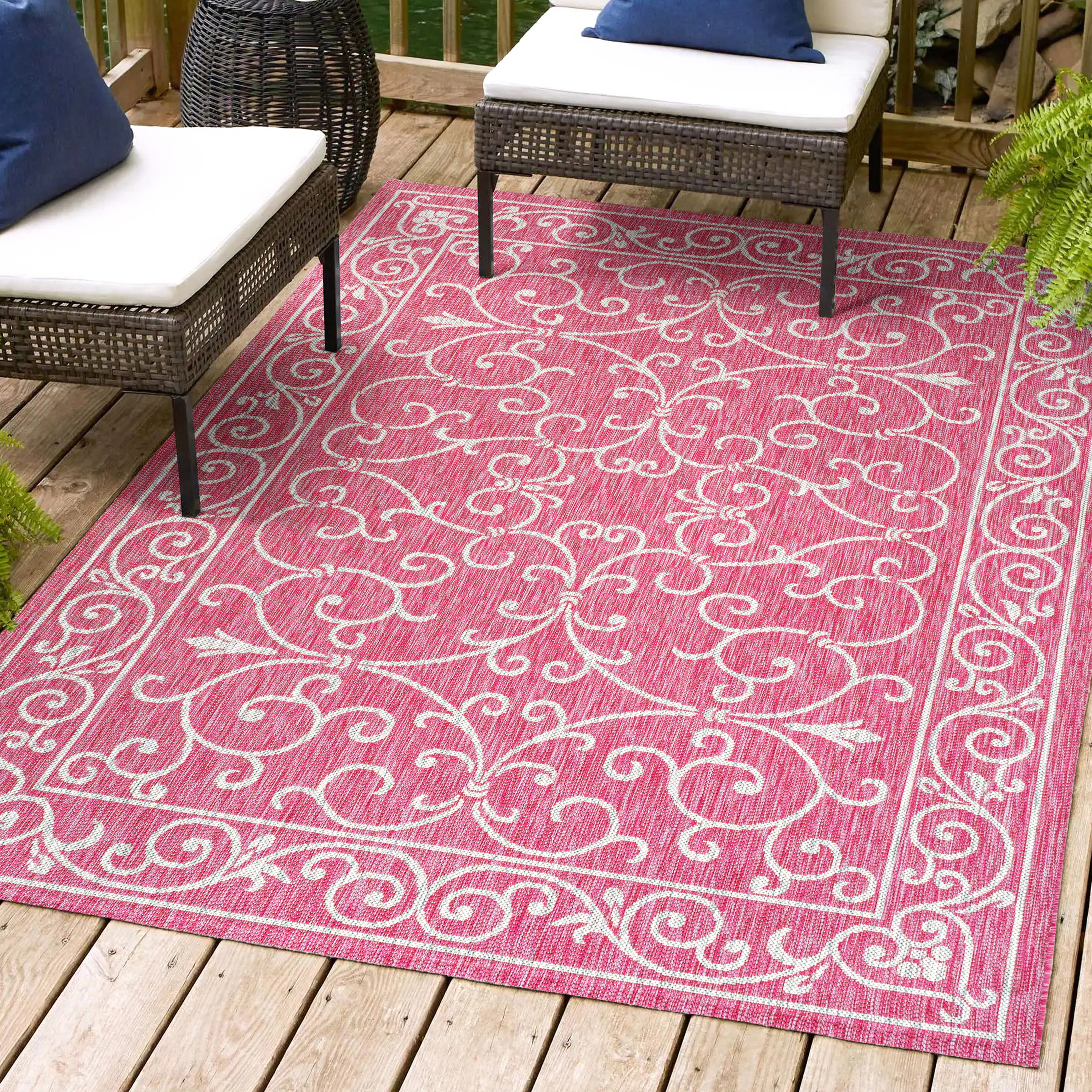 JONATHAN  Y SMB106J-3 Santa Monica Charleston Filigree Textured Weave 3 x 5 (ft) Loomed Polypropylene Fuchsia/Light Gray Rectangular Indoor/Outdoor Geometric French Country Area rug