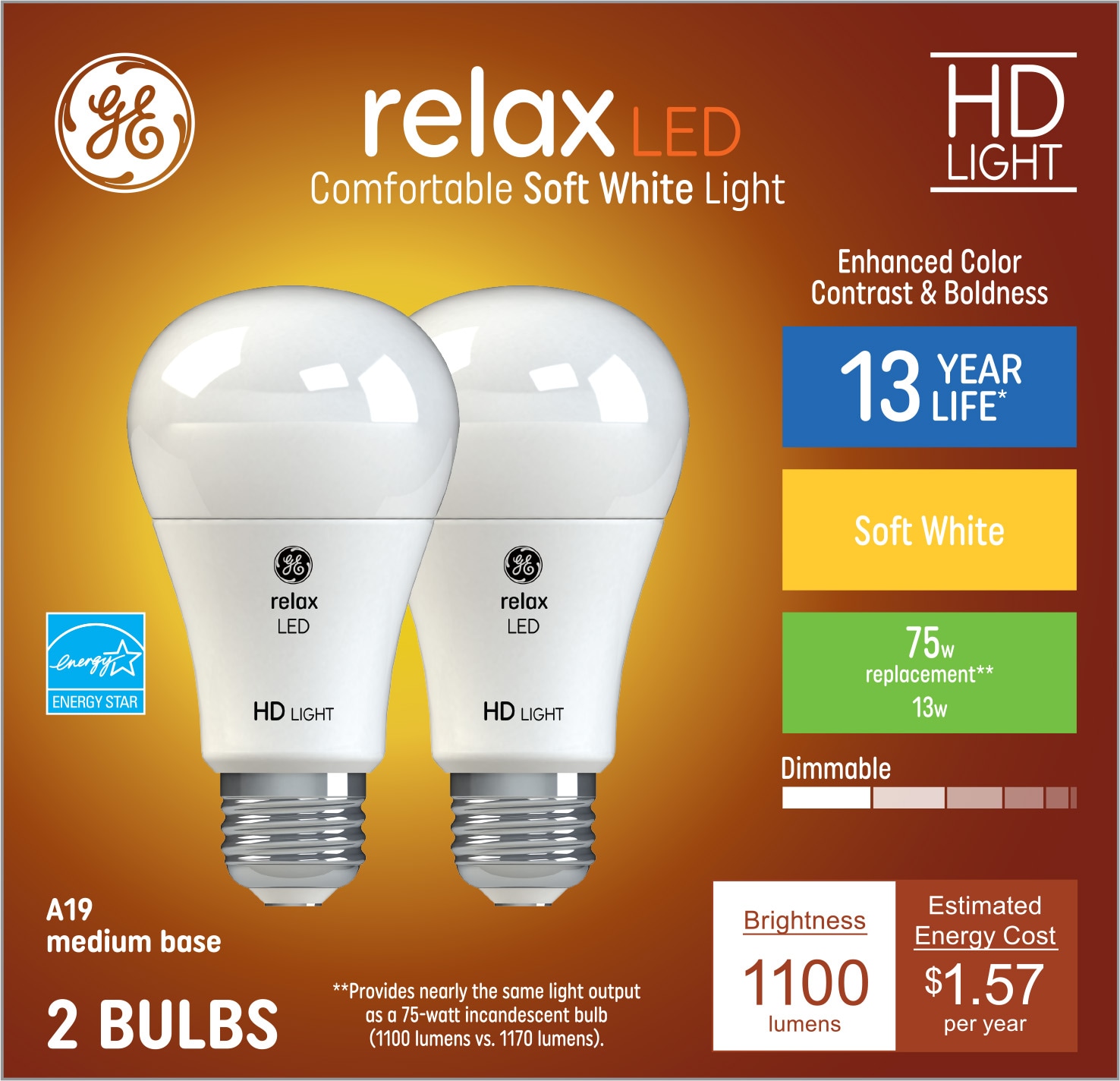 Ge Relax 75 Watt Eq A21 Soft White Medium Base E 26 Dimmable Light