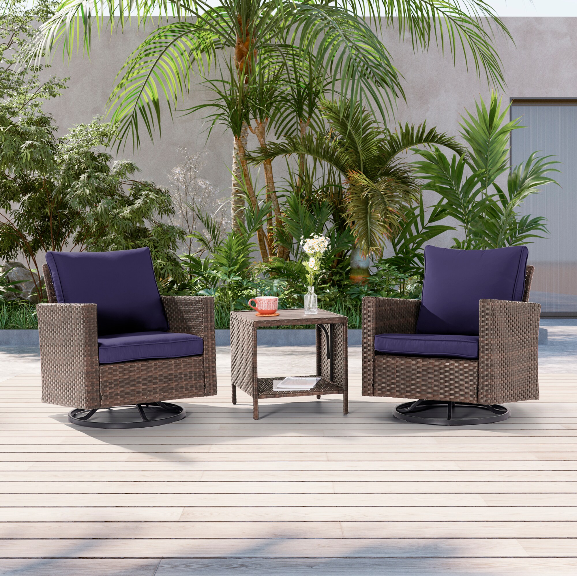 Sonkuki SD-PS2R-BNY-T3 Patio Conversation Set 3 -Piece Wicker Patio Conversation Set with Navy Cushions