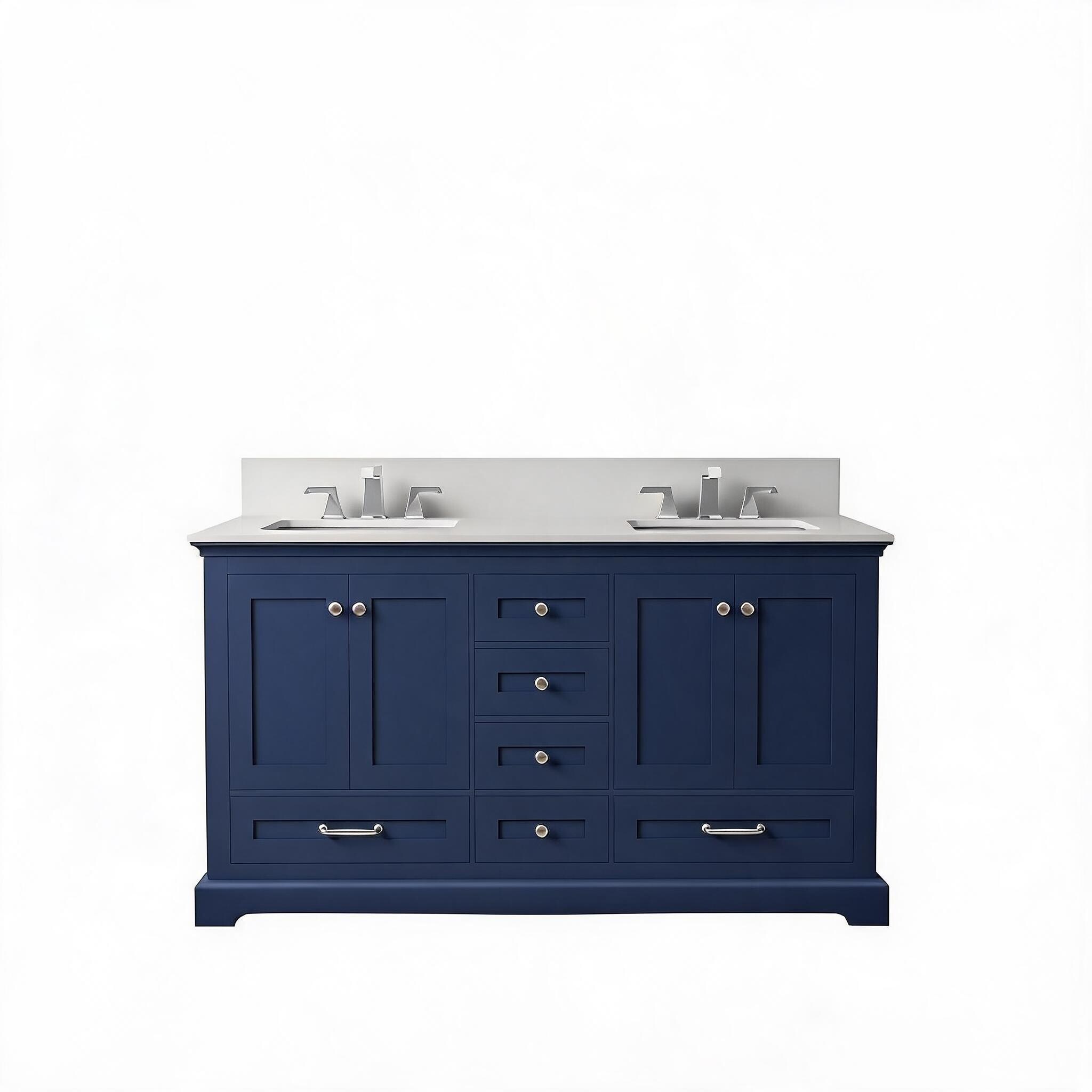 LIVACA 60 inch Navy Blue Wood Double Bathroom Vanity with White Quartz Top and Soft Close Doors