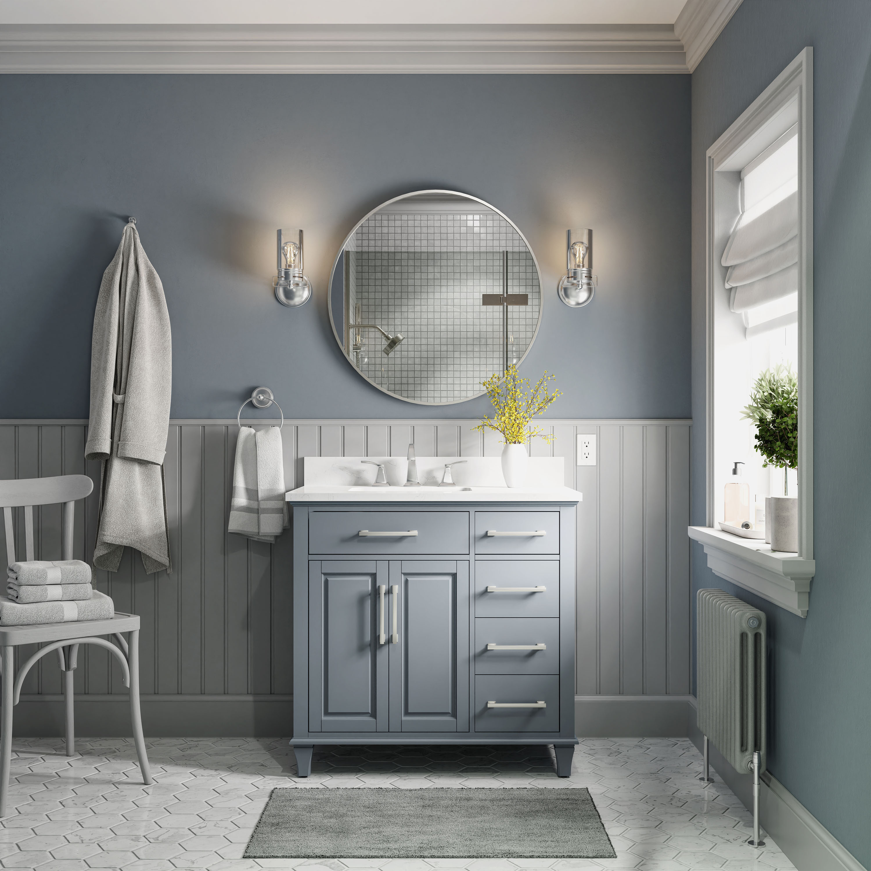 allen + roth Brookview 30-in Slate Blue Undermount Single Sink Bathroom  Vanity with Carrara Engineered Marble Top at