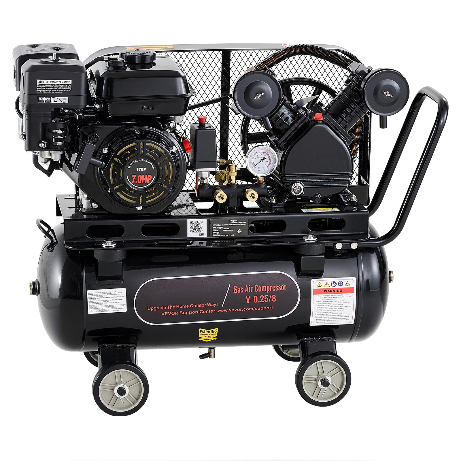 VEVOR 10 Gallon Gas Powered Air Compressor 7HP 4.7CFM at 90 PSI Air Tank Gas-Driven Air Compression System with Twin Cylinder Piston Pump 115 PSI Max Pressure 4 Wheels for Workshops Constructions