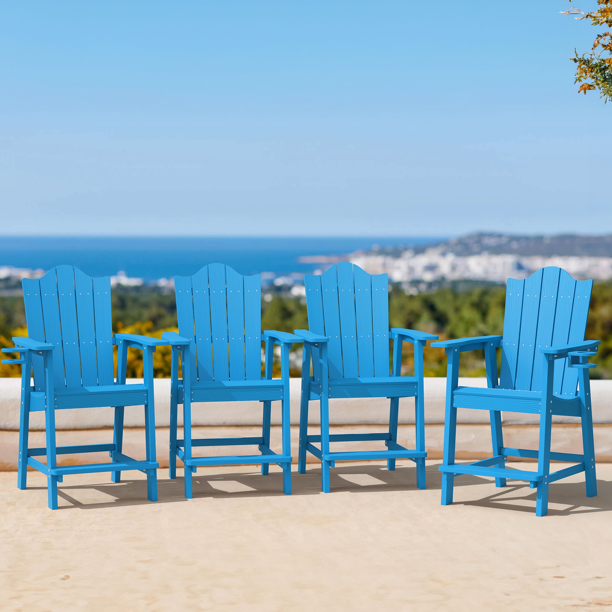 LUE BONA 4LB23PC0010-600LS Set of 4 Bright Blue HDPE Frame Spring motion Adirondack Chair with Slat Seat
