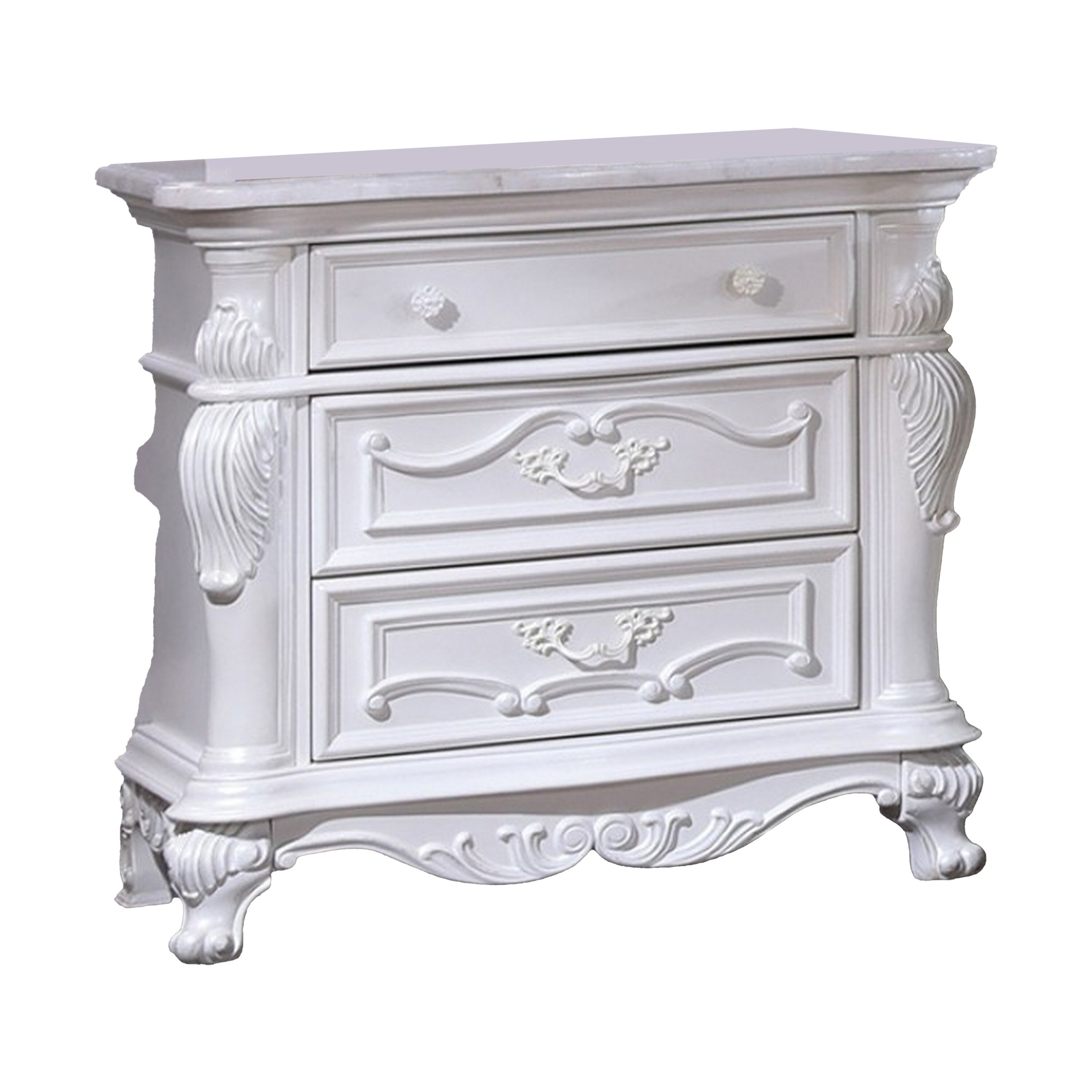 Venta White Solid Wood 3 Drawer Nightstand with Carved Details