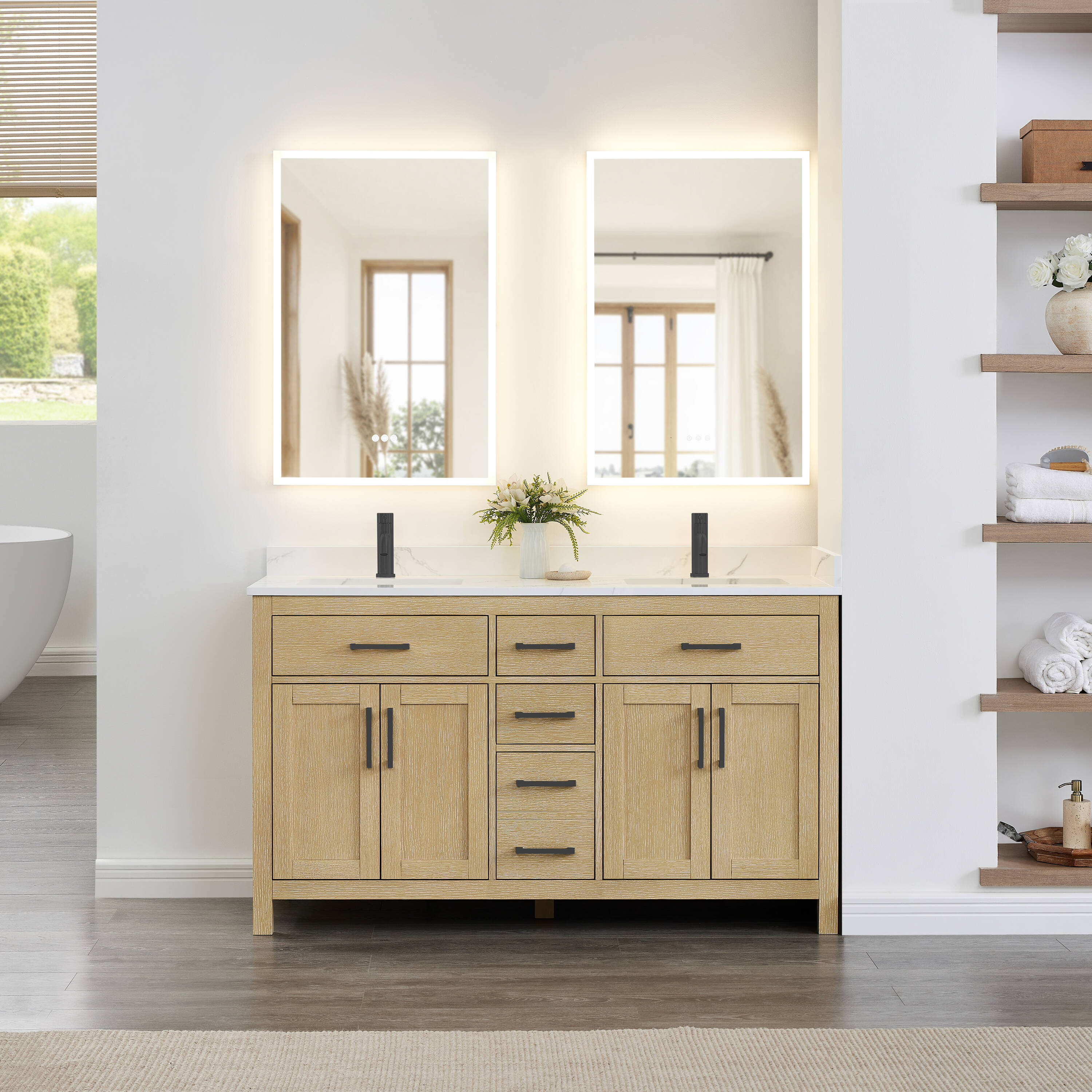 Wyndham Collection Beckett 60-in Whitewashed Oak with Matte Black Trim Undermount Double Sink Bathroom Vanity with Giotto Quartz Quartz Top