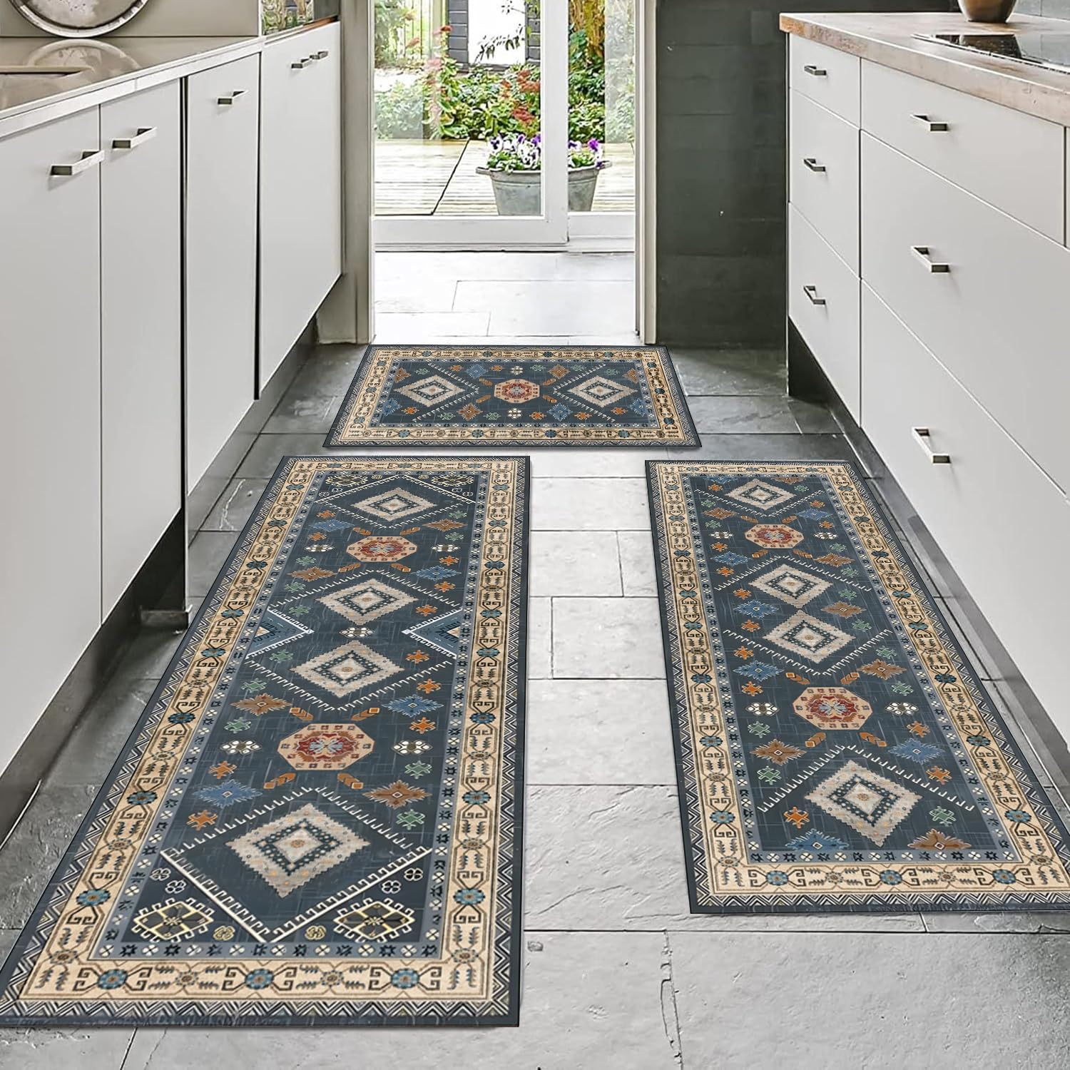 TOBILI  20 X 32in 20 X 48in 20 X 60in Loomed Polyester Charcoal Blue Rectangular Indoor Boho Geometric Non Slip Washable Pet Friendly Runner Rugs Set of 3 Piece