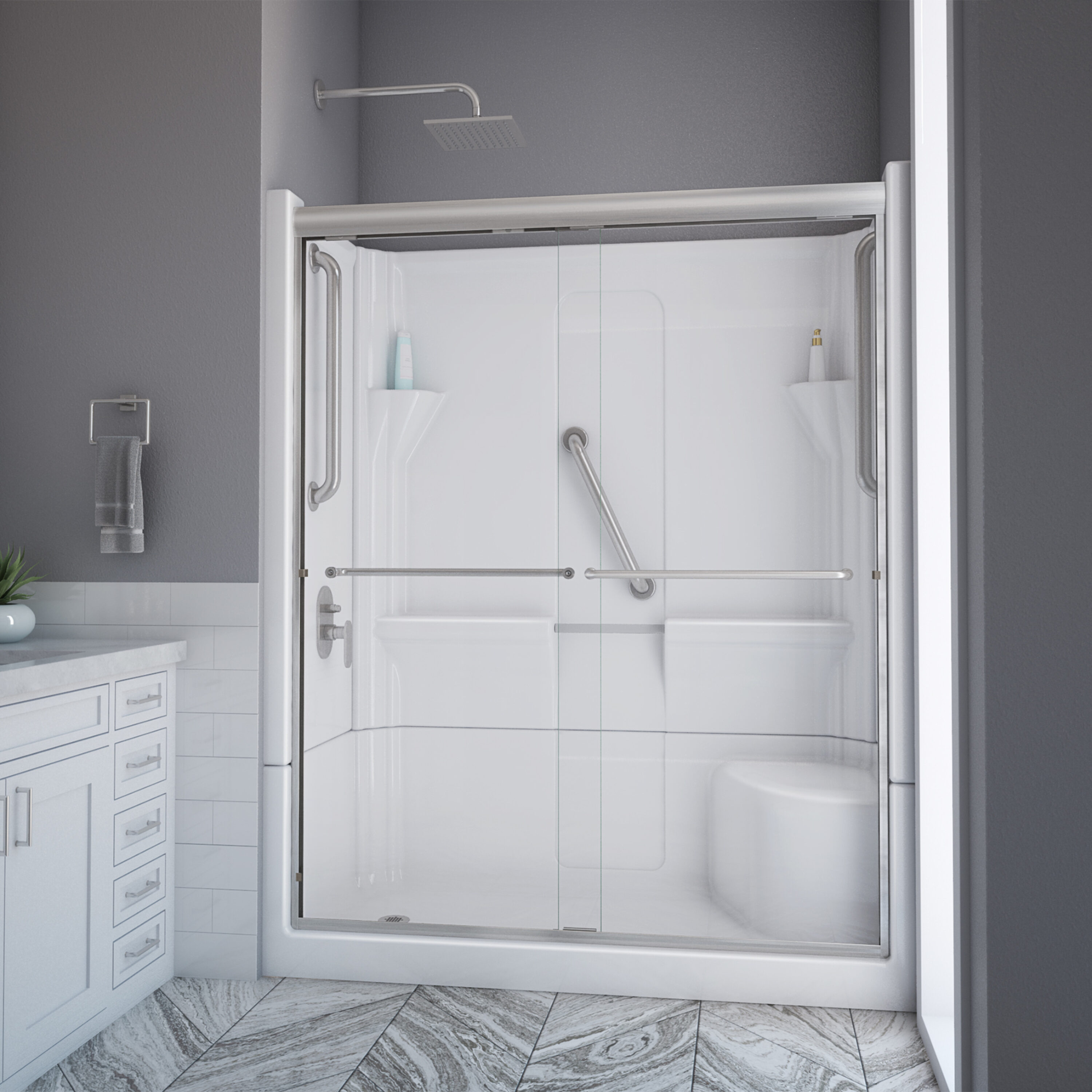 Laurel Mountain 6030SH1S4PSRWC1 Almedia 5 -Piece 30-in W x 60-in L x 74-in H Alcove shower kit ( Left Drain) with Integrated Seat Base, Wall, Door and Drain Included Chrome Hardware Included