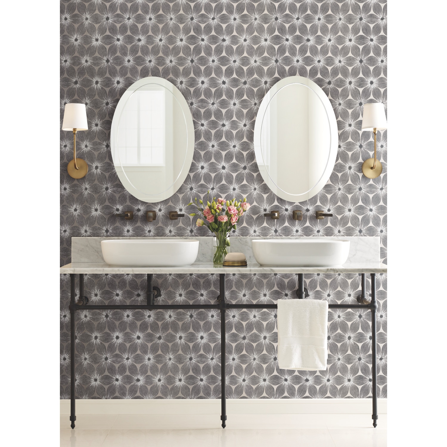 White and Silver Vinyl-Coated Floral Wallpaper