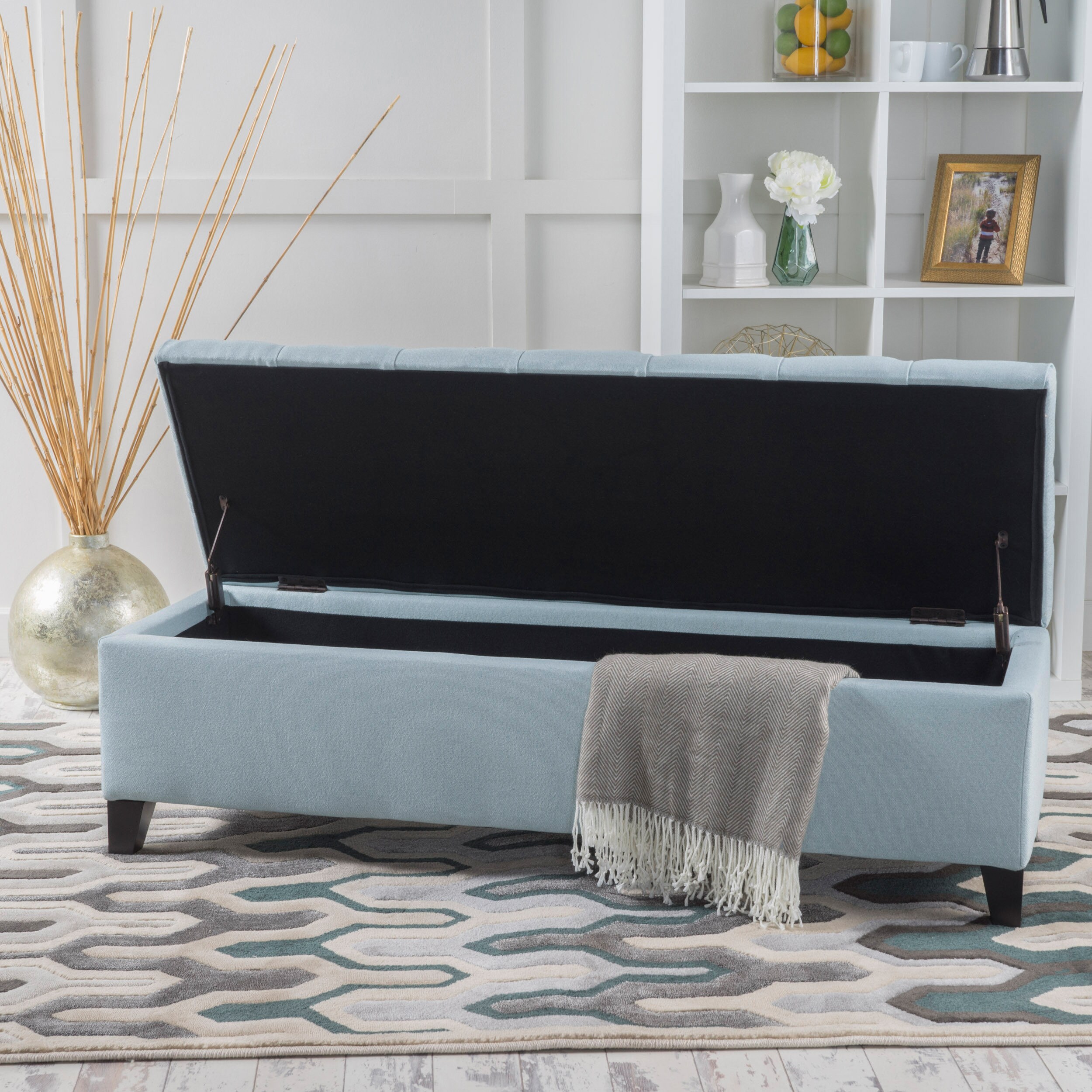 Light Blue Button-Tufted Upholstered Storage Ottoman Bench