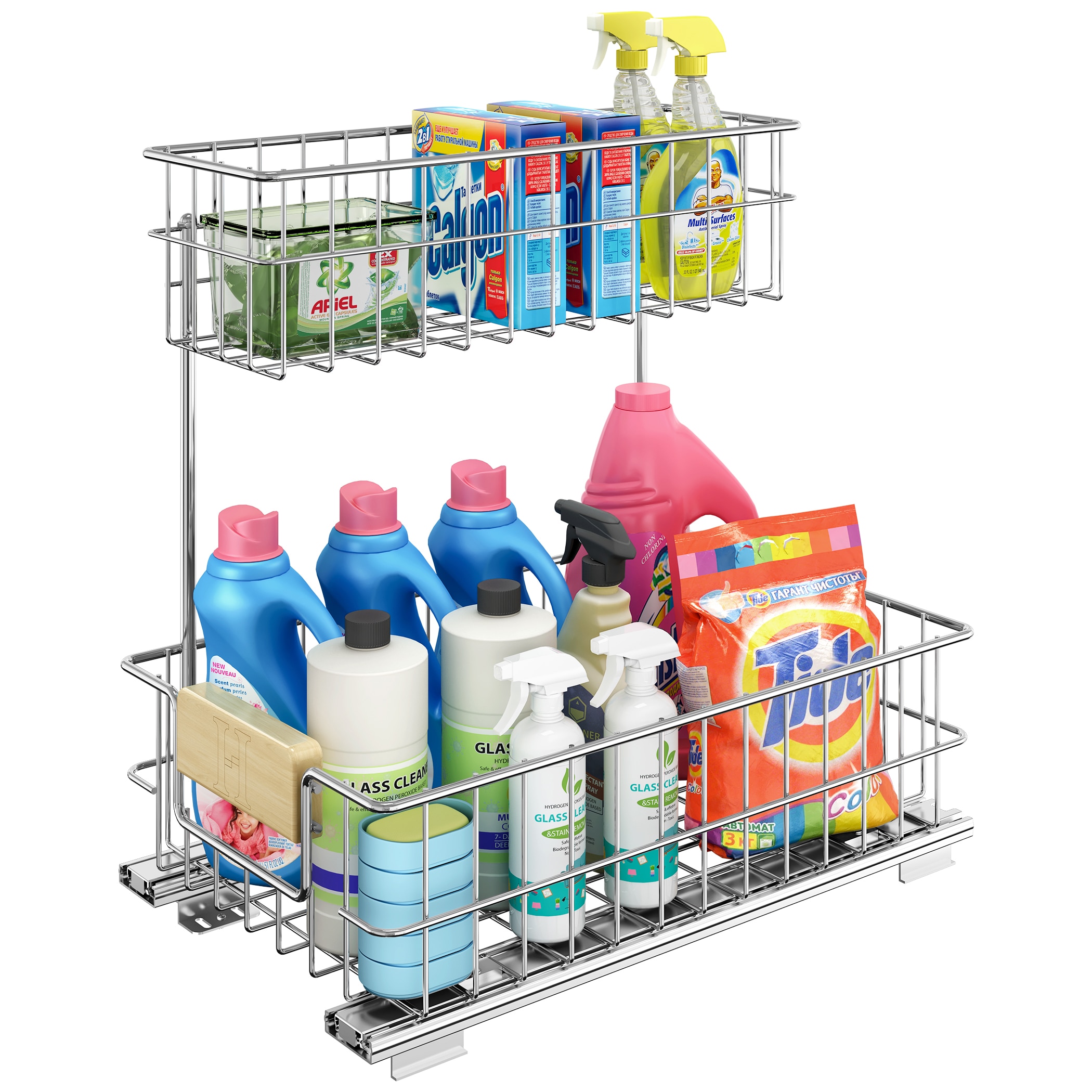 LOVMOR LL-0E78005053-LYJ 11.5 in. W x 17.8 in. D Pull Out Under Sink Organizer with Wood Handle   Cabinet Slide Out Storage Shelf with 2-Tier Wire Drawer (Left)