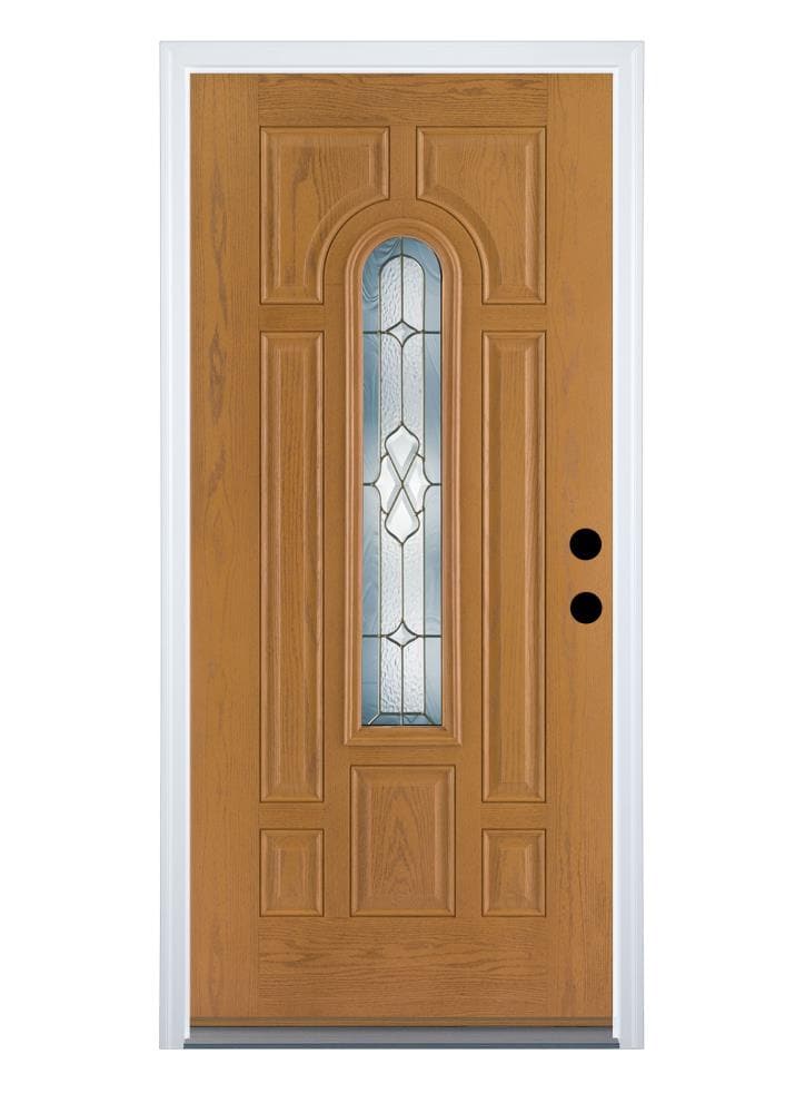 Therma-Tru MOFGWB0842Z30LB Willowbrook 36-in x 80-in Fiberglass Center Arch Lite Left-Hand Inswing Medium Oak Stained Prehung Front Door with Brickmould Insulating Core