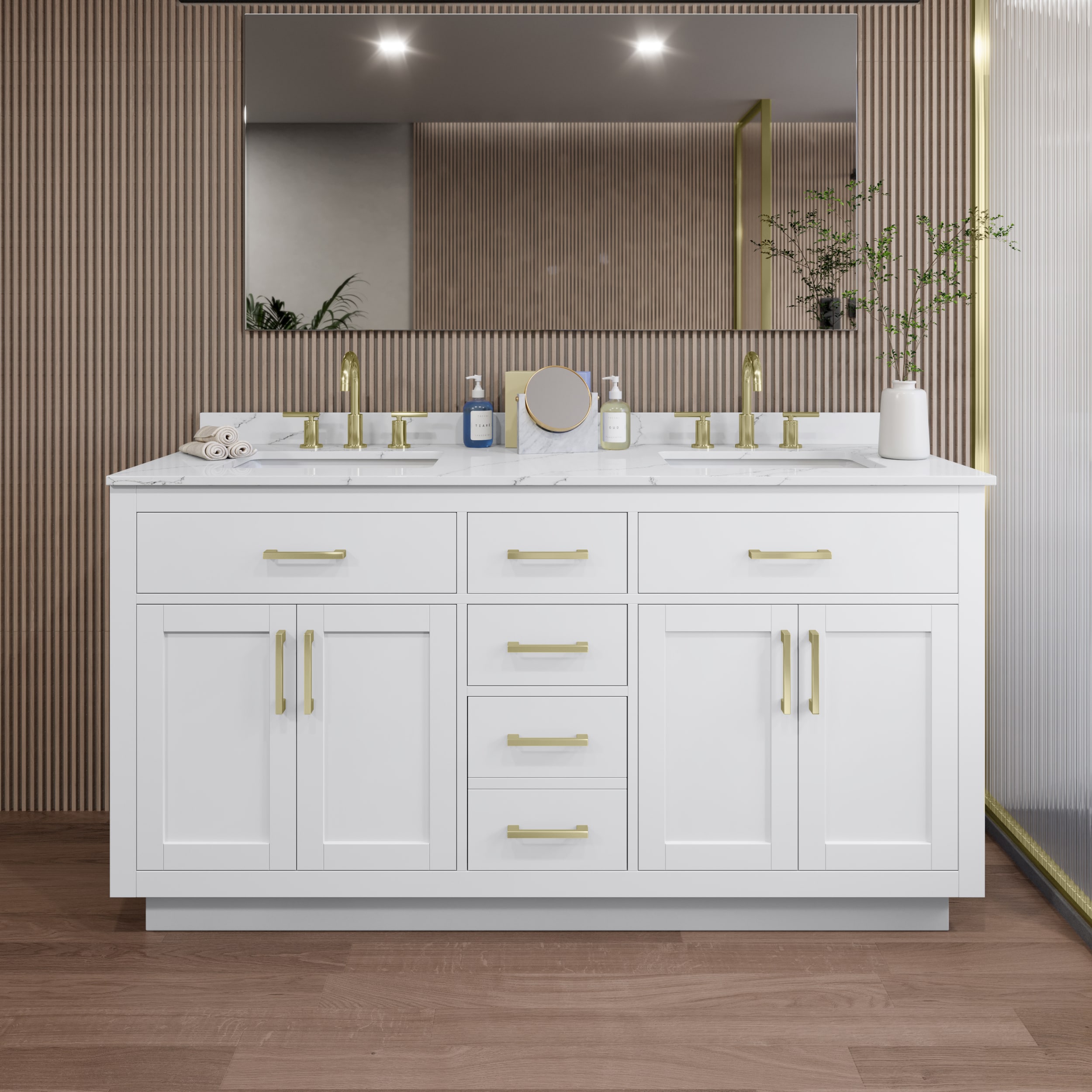Wyndham Collection WCG262666DWGGTUS3MXX Beckett TK 66-in White with Brushed Gold Trim Undermount Double Sink Bathroom Vanity with Giotto Quartz Quartz Top