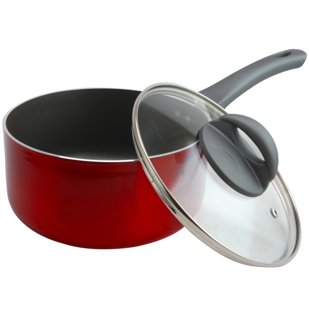 Oster Herscher 2.5 Quart Aluminum Sauce Pan with Tempered Glass Lid in Red  in the Cooking Pots department at