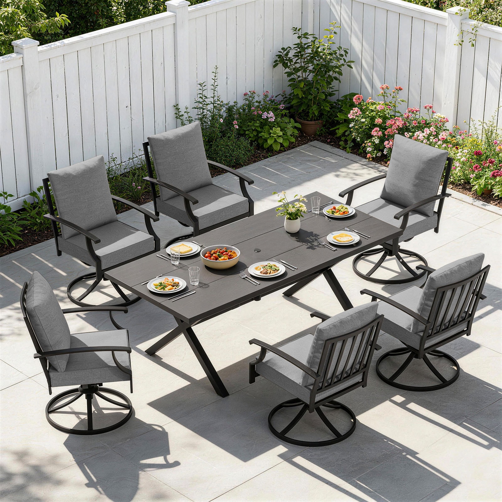 Haxvin - 7 Piece Outdoor Dining Set Patio Table and Swivel Chairs for 6 with Cushions X Frame Met...