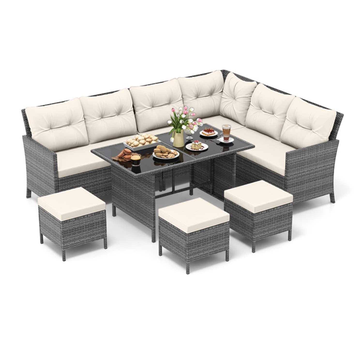 Mondawe MO-HW72354WH Wicker Outdoor Sectional with White Cushions and Steel Frame
