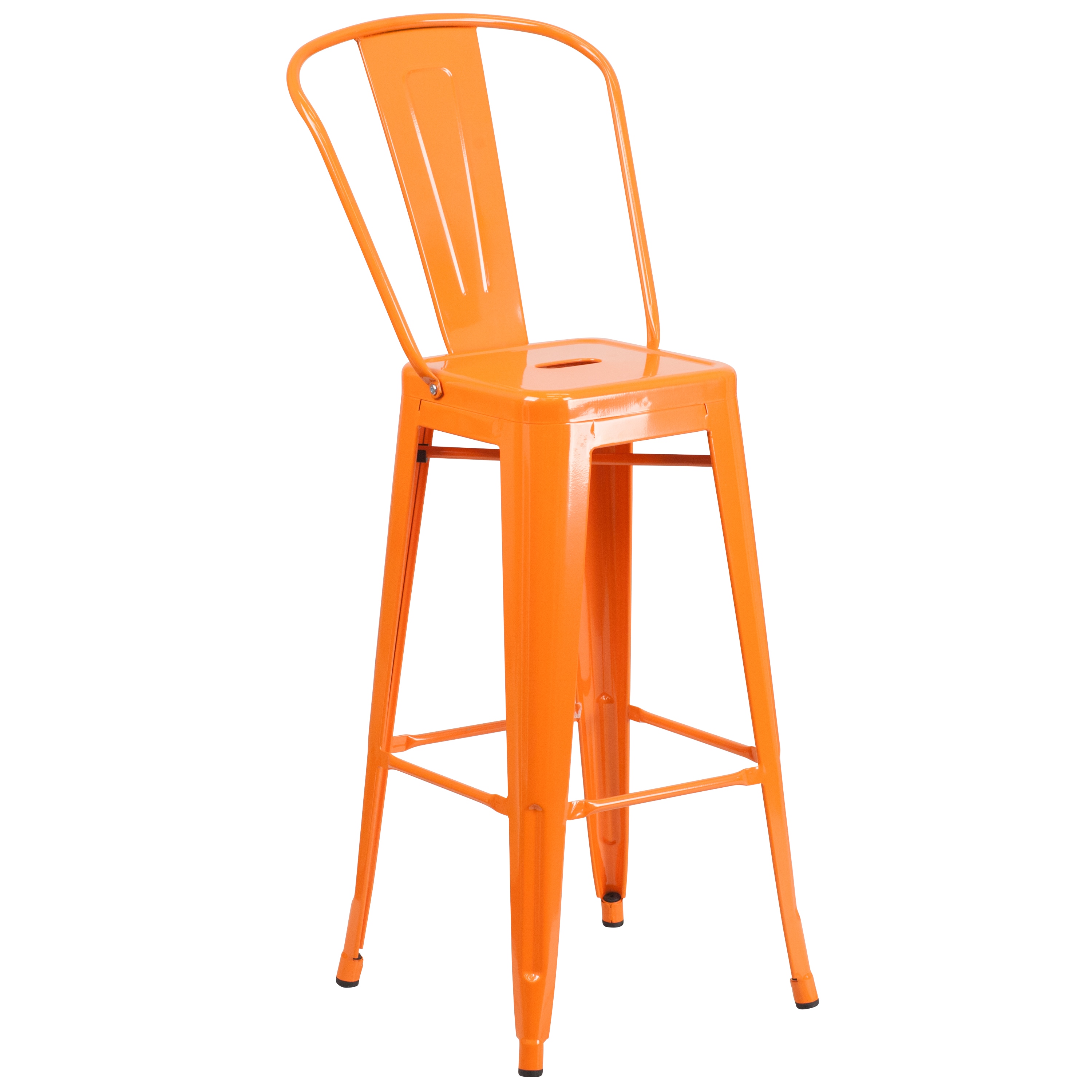 Bright Orange Metal 30" High Indoor-Outdoor Barstool with Slat Back