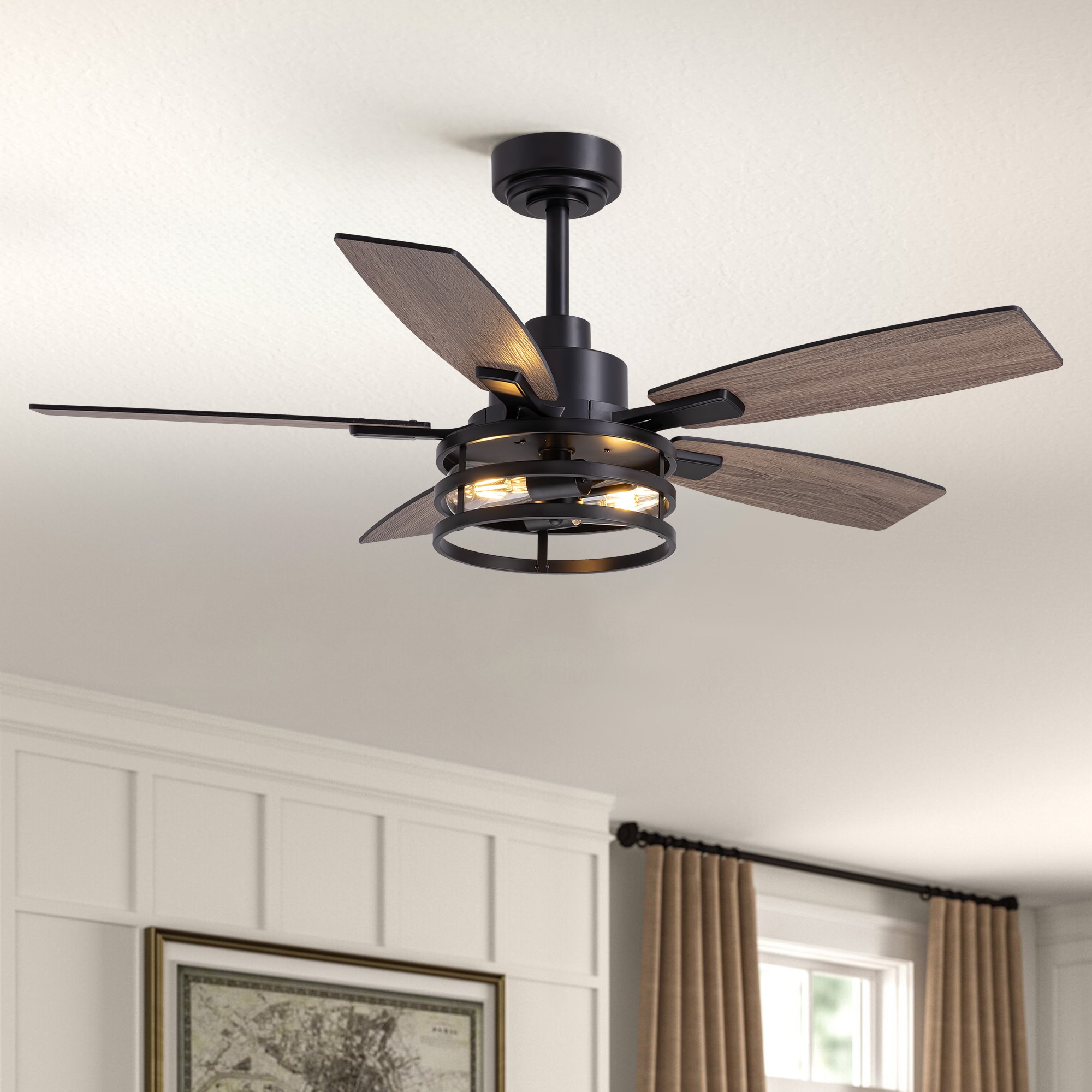 SILJOY FS-8837D-46-01 46-in Farmhouse Cage Ceiling Fan with Walnut or Black Color Blades Ceiling Fan With Light - Remote Included ( 5-Blade )