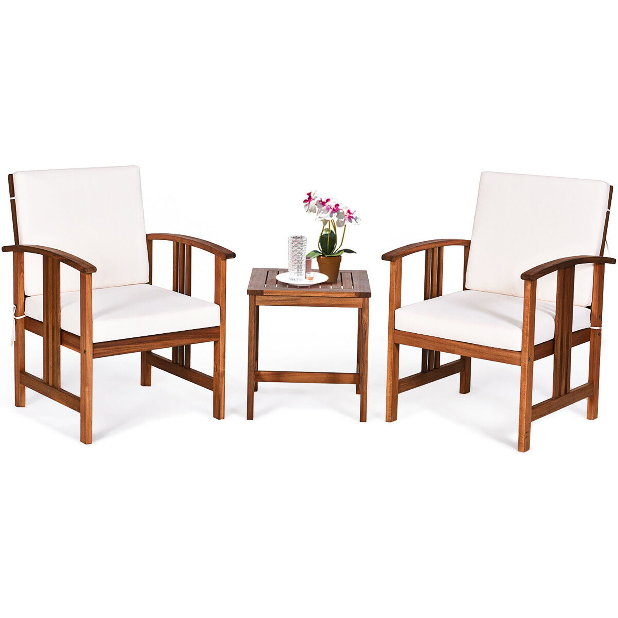 CASAINC TM-WF190311AAE Solid Wood Sofa Set 3 -Piece Patio Conversation Set with White Cushions