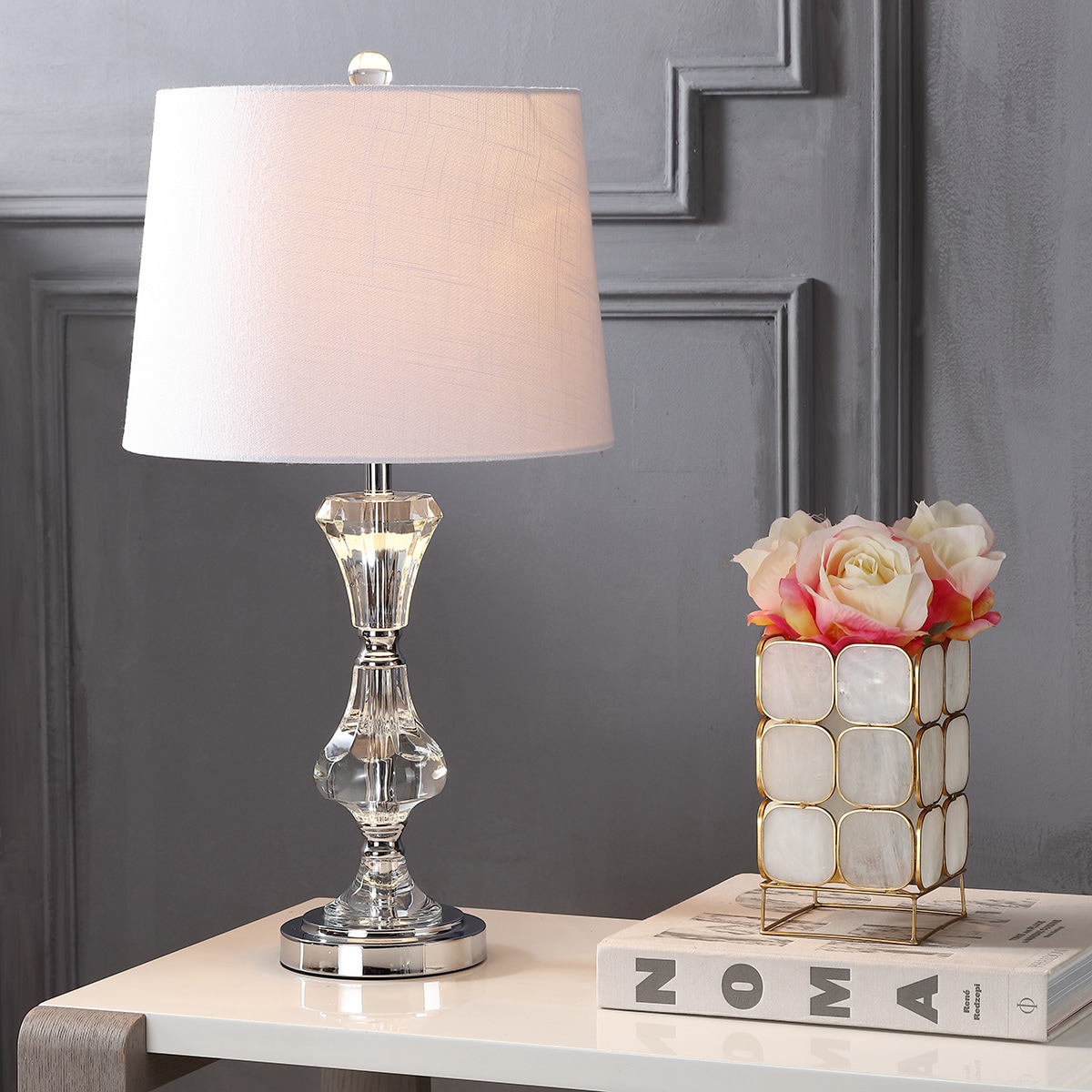 JONATHAN  Y JYL2040A Riley Crystal Glam 24.75-in Chrome LED Incandescent Rotary socket Table Lamp with Linen Shade