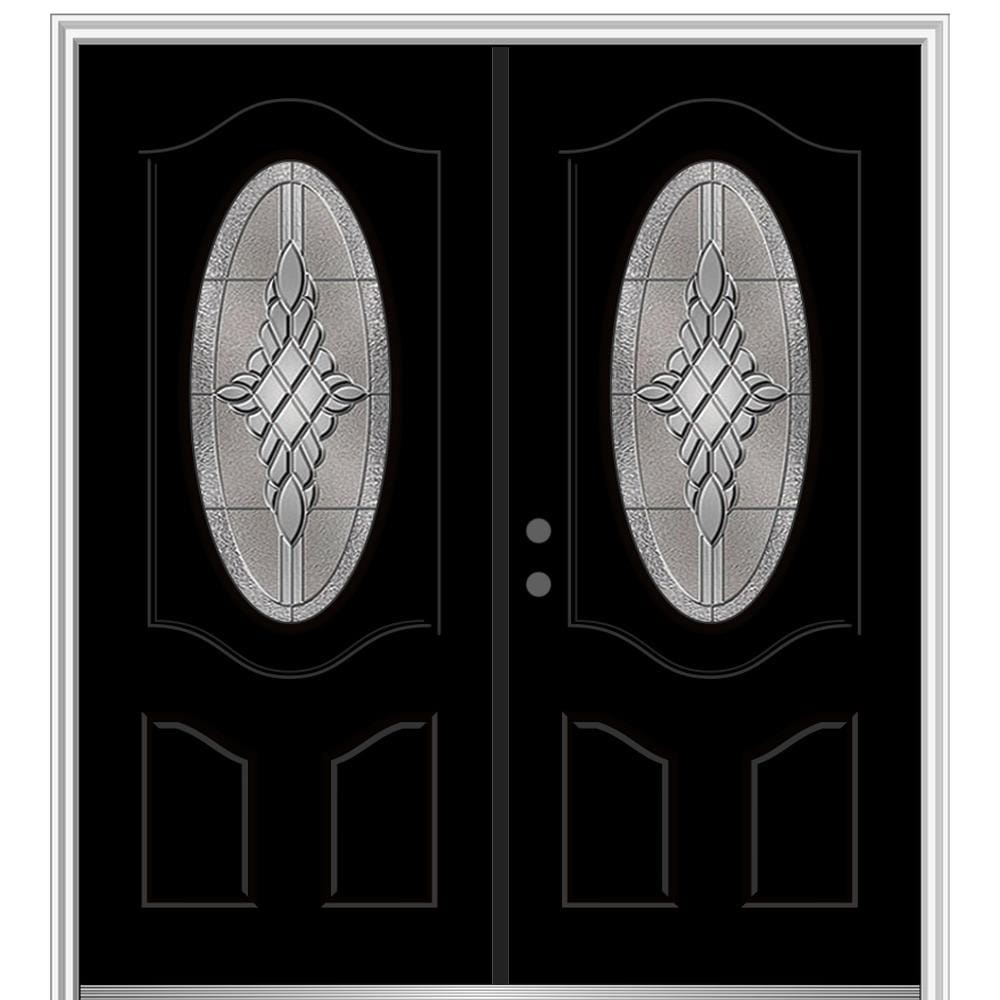 MMI DOOR ZZ365920R 72-in x 80-in x 4-9/16-in Fiberglass Oval lite Right-hand inswing Black Painted Prehung Double Front Door with Brickmould Insulating core