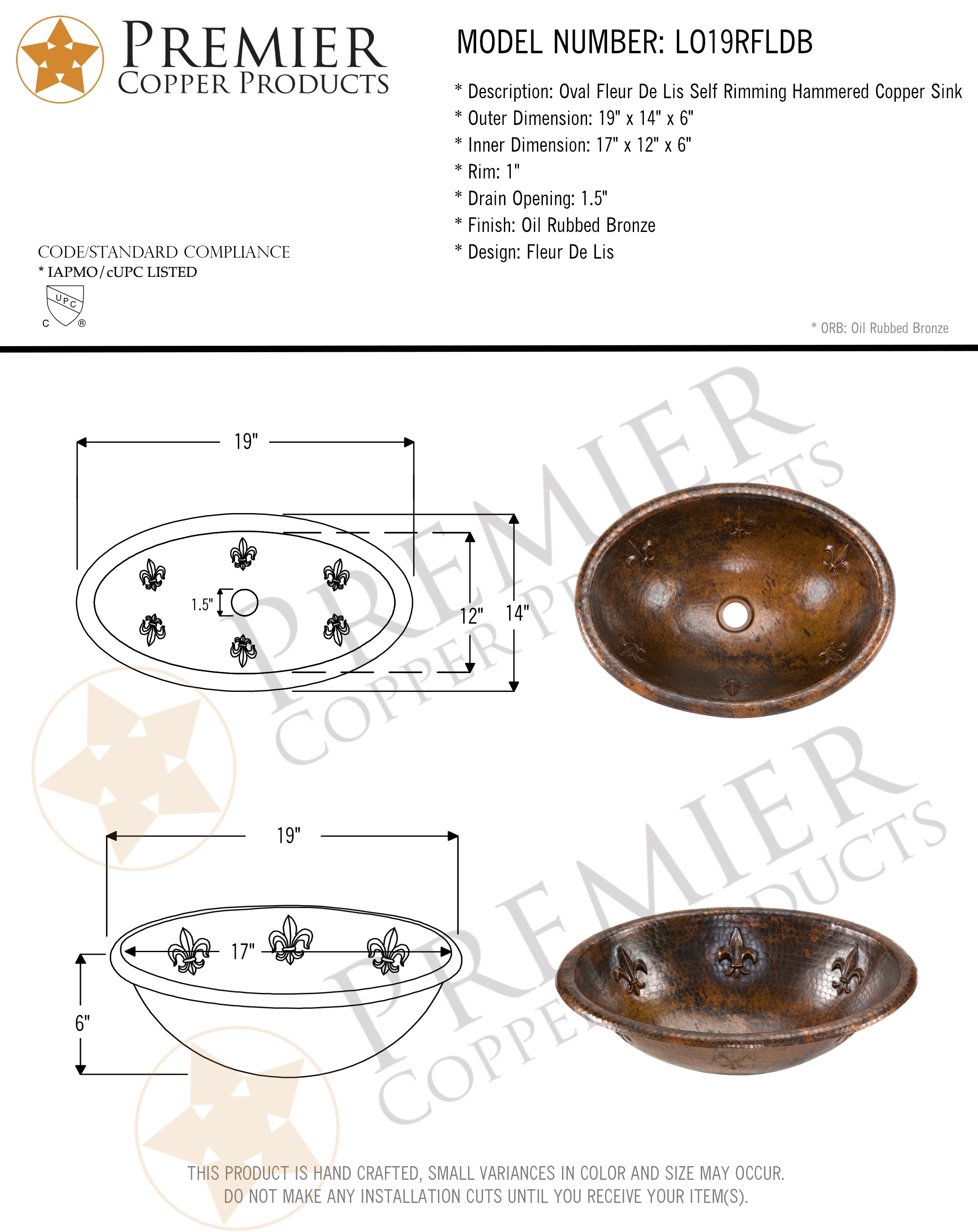 PREMIER COPPER PRODUCTS LO19RFLDB Bath-Sink - View #6