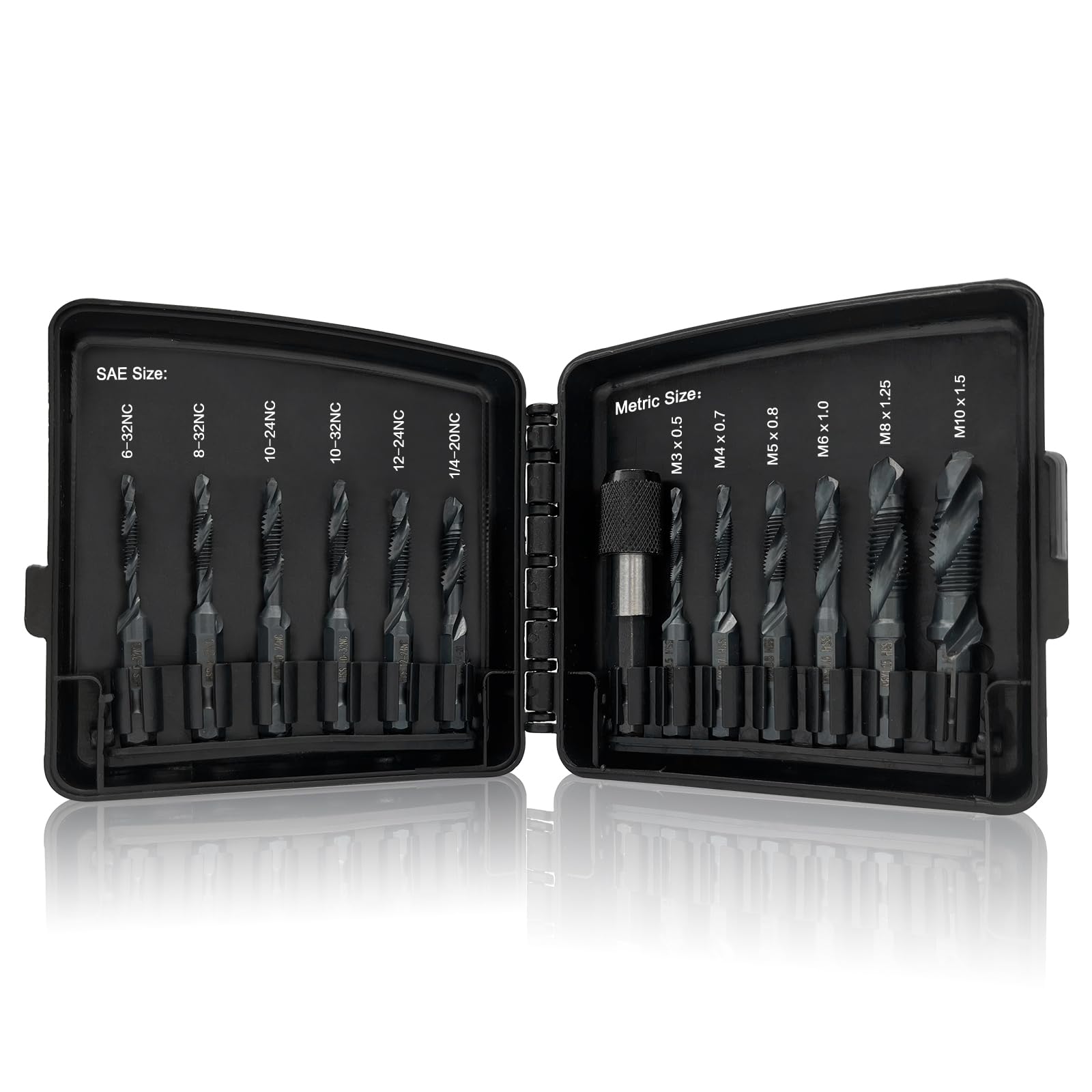 Linder Group Inc 13 Piece Drill Tap Bit Set with Quick Change Adapter for Metal Threading Countersinking and Drilling SAE Metric Sizes Black Oxide Coating Hex