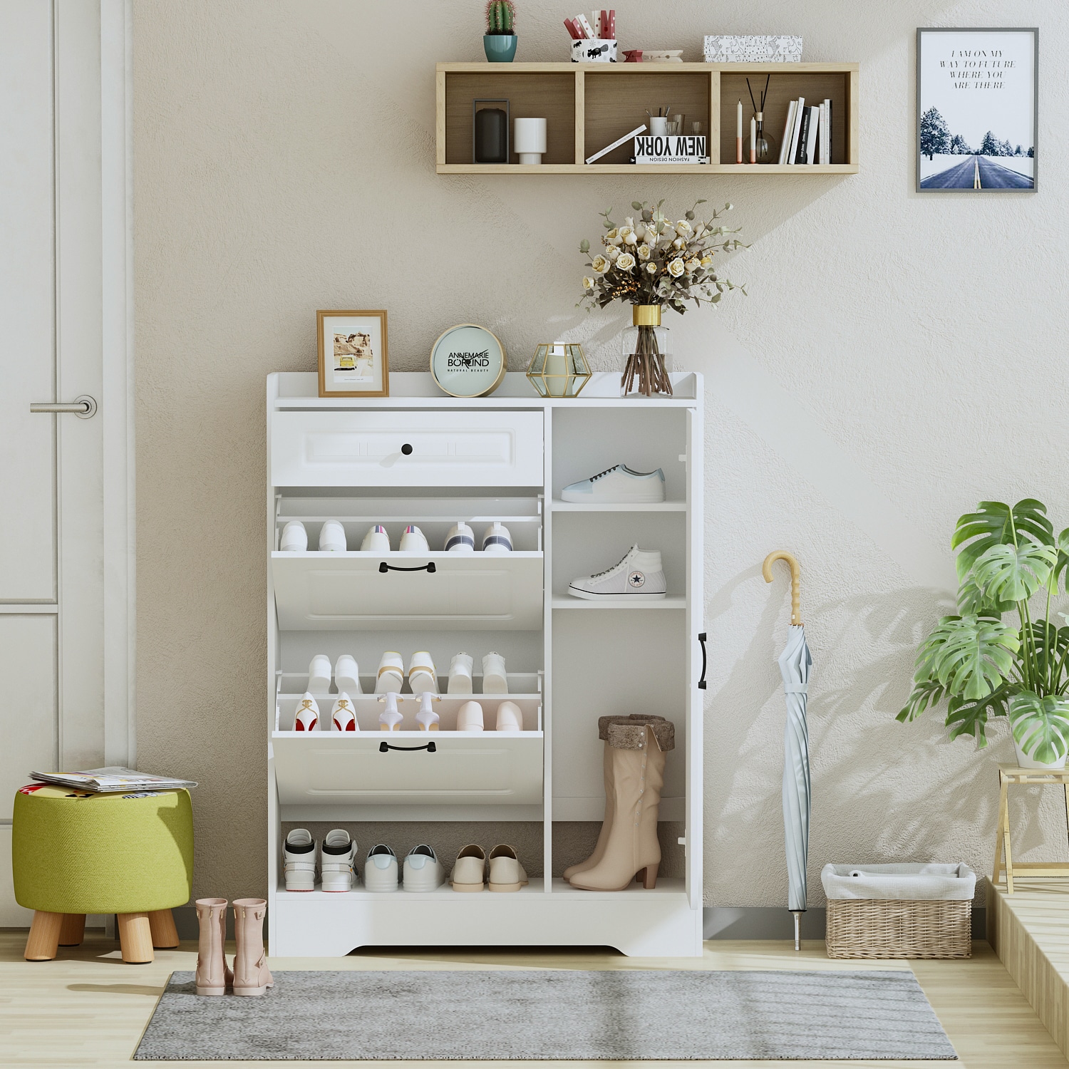 Nordic Gray Shoe Cabinet 3/4-Door Slim Shoe Organizer Adjustable Shelves in  Large