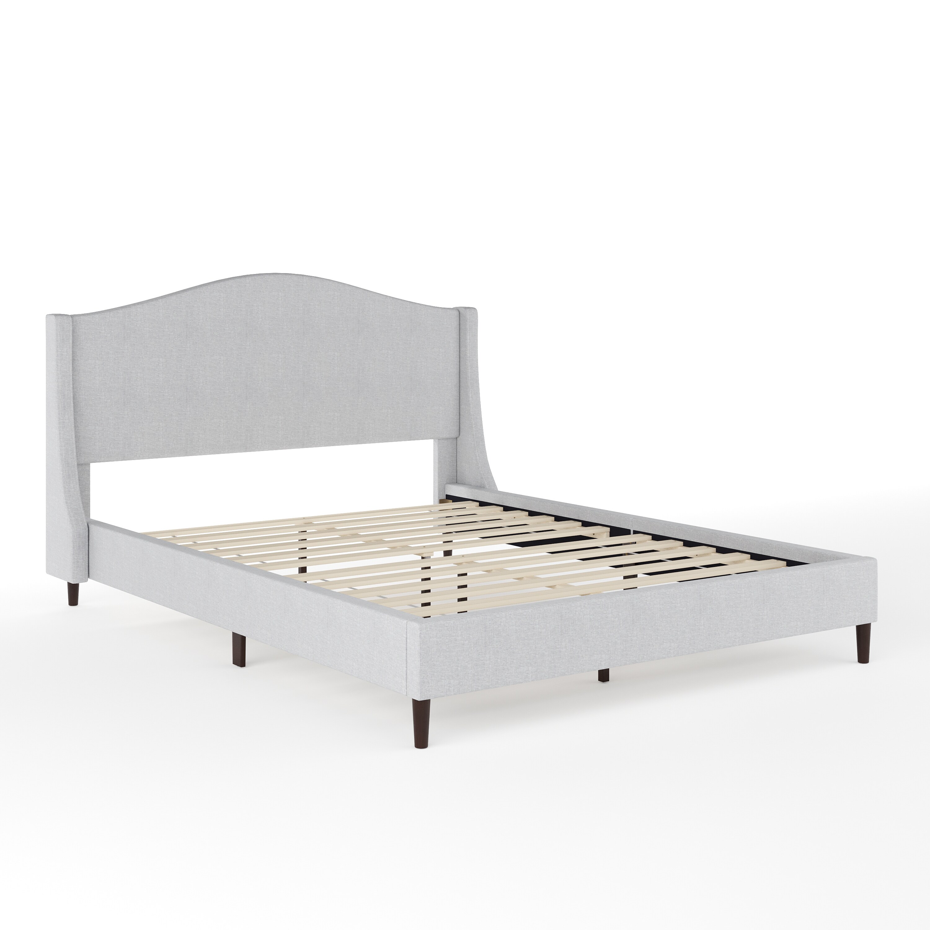 Gray Queen Upholstered Platform Bed with Curved Headboard and Wood Frame