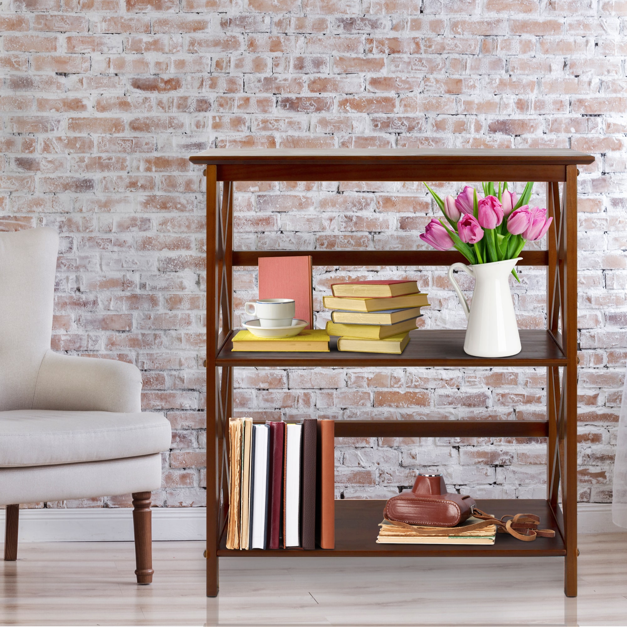 Contemporary Walnut Wood Bookcase with X-Design Doors