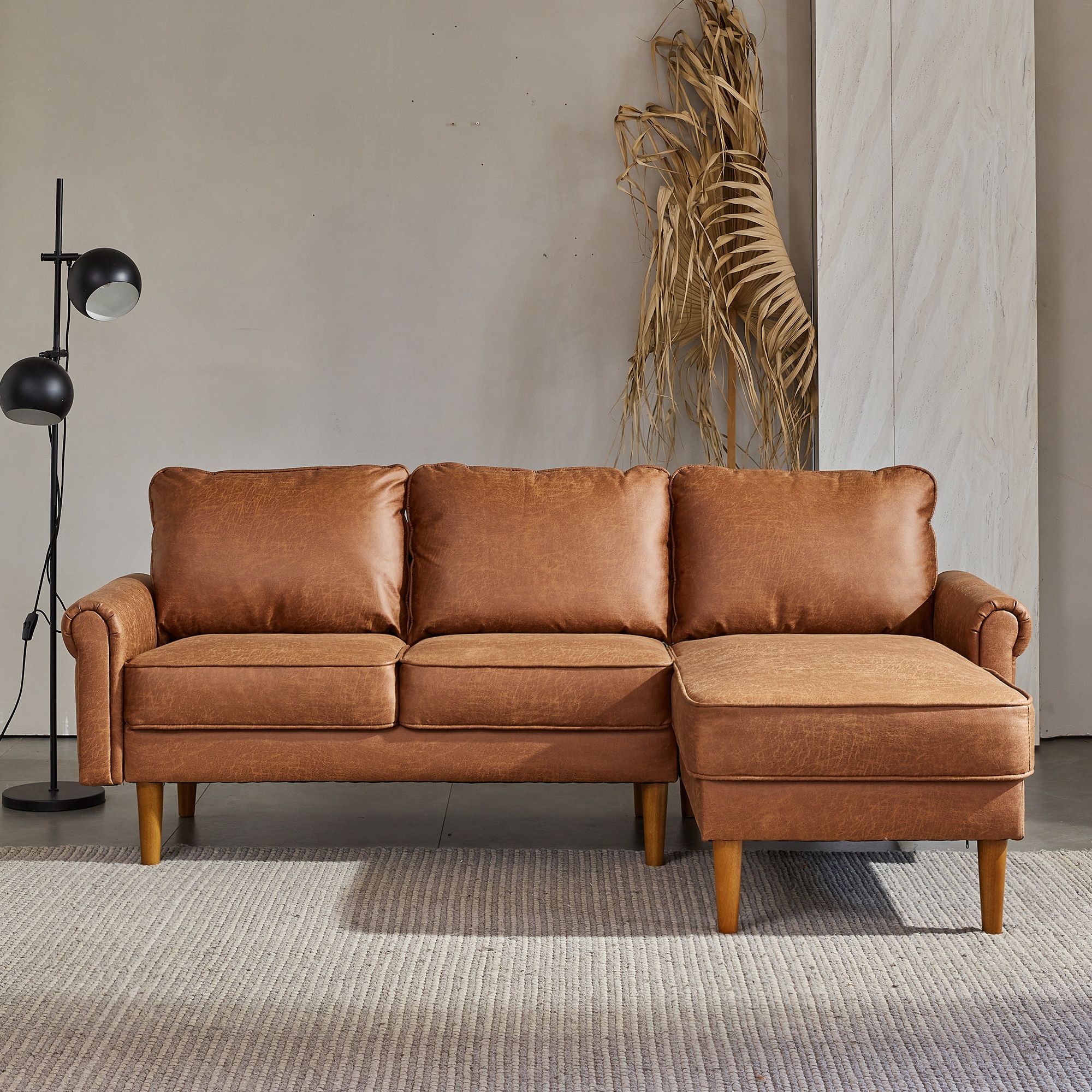 Ovios OTSGR100 81.5-Inches Modern Light Brown (Right chaise) Faux leather 3 -seater Sectional