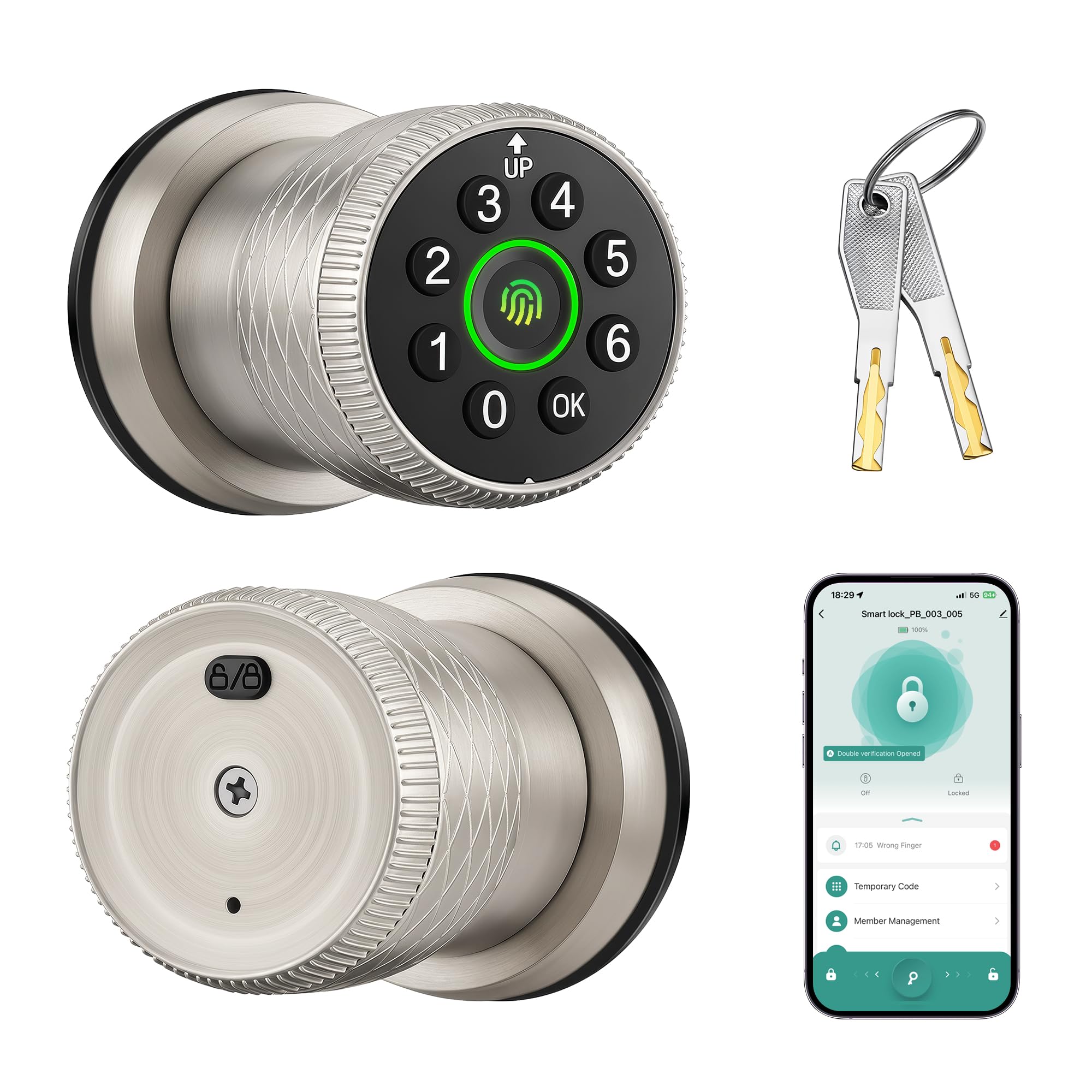Lukvuzo Smart Fingerprint Door Knob Keyless Entry Biometric Lock with Auto Lock for Front Bedroom Interior Exterior Doors Satin Nickel Finish #LLU0804L356