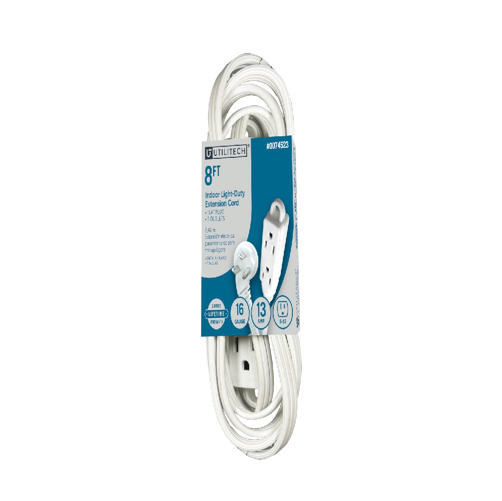 Utilitech 0098 Extension Cord 8-ft 16 / 3 3 Prong White Indoor SPT-2 Light Duty Flat Plug Extension Cord