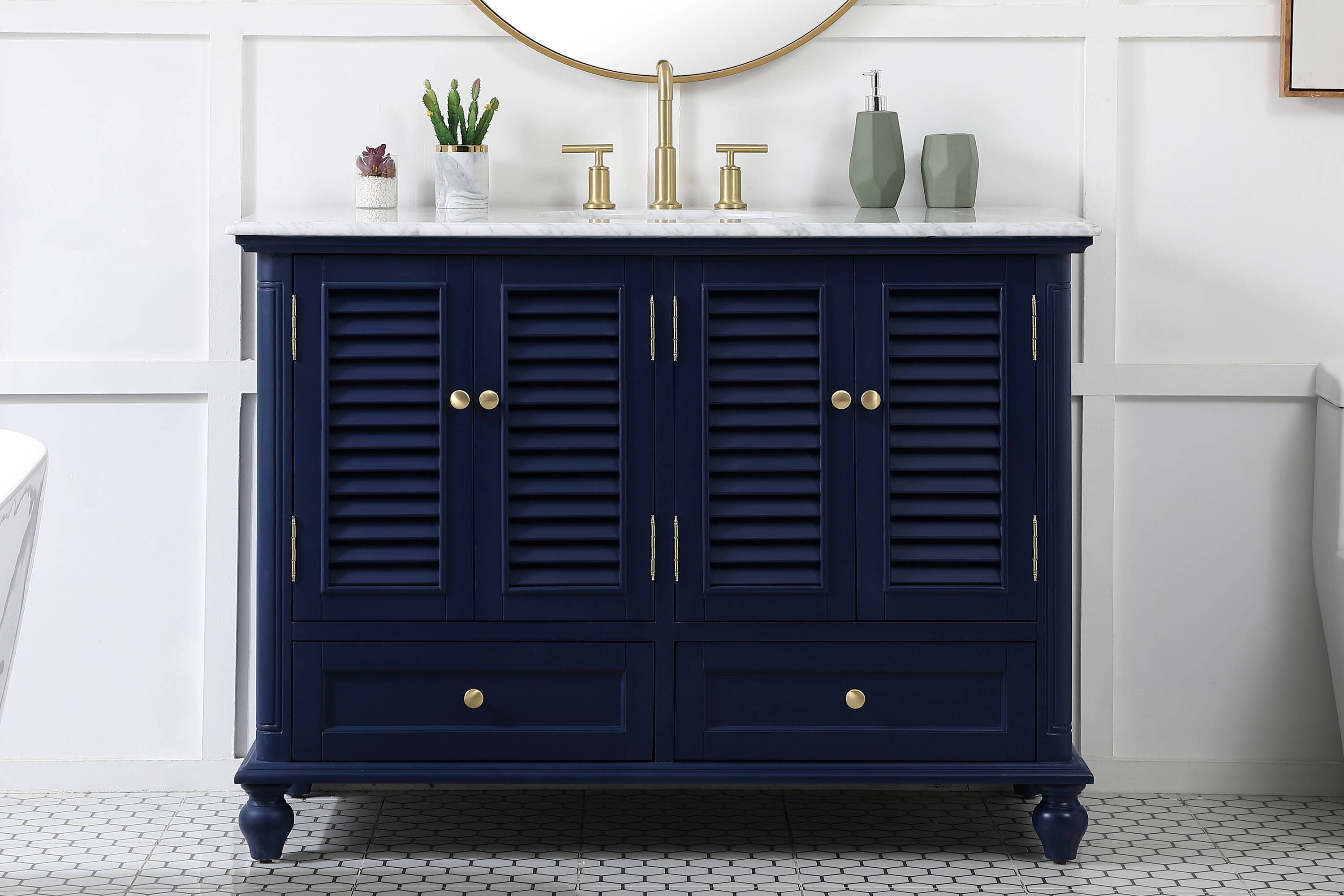 Rhodes 48" Blue Solid Wood Bathroom Vanity with Marble Top
